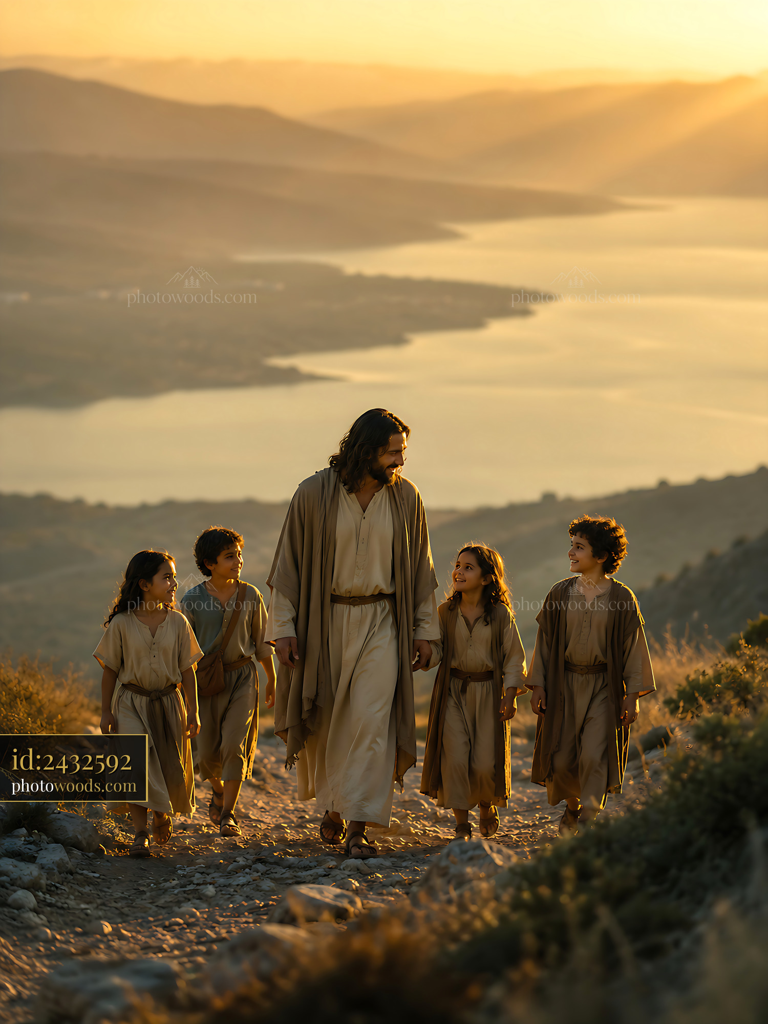 Jesus Walks With Children on a Path by the Lake at Sunset