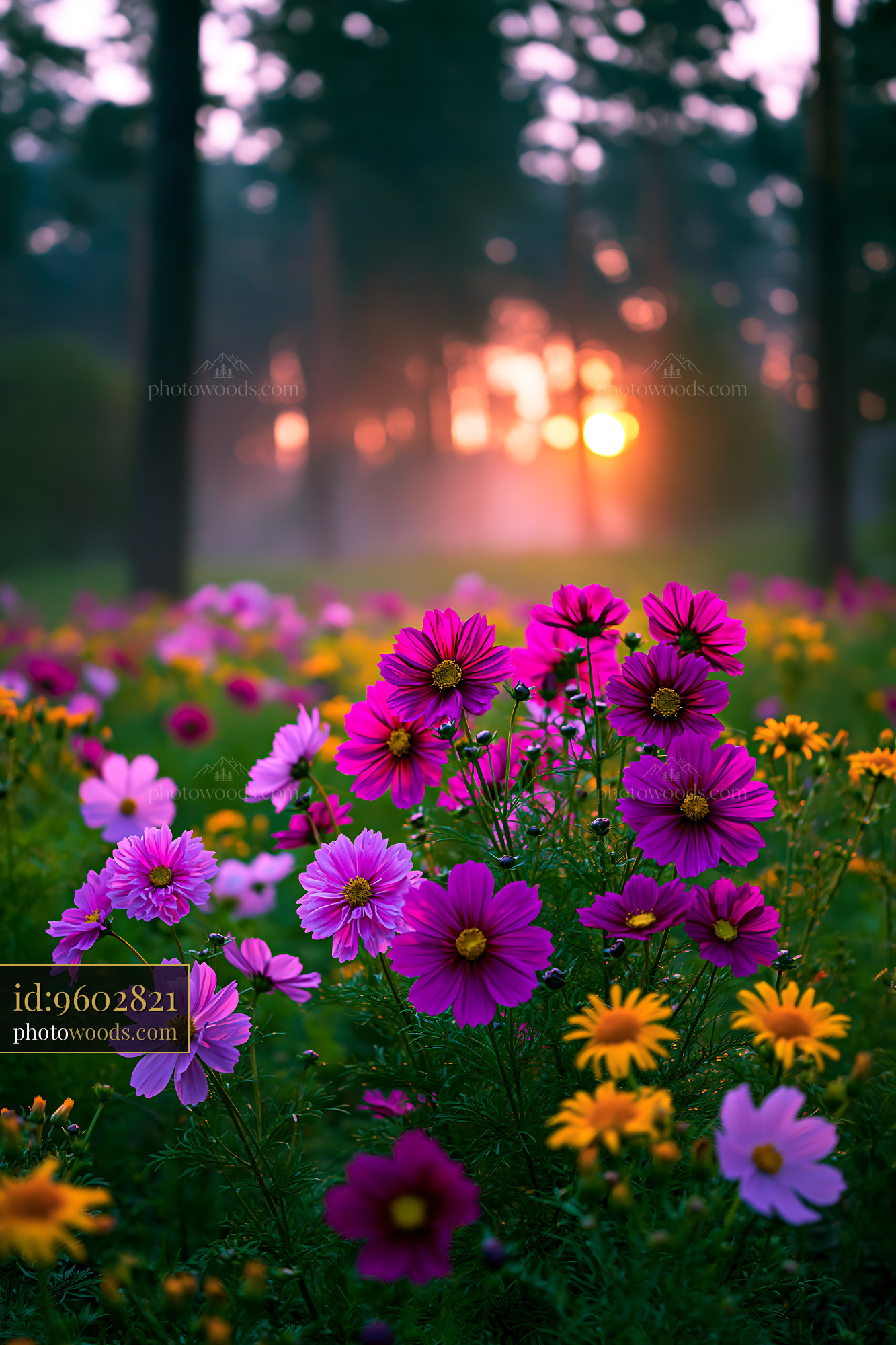 Flowers Bloom in a Field at Sunset Near Trees