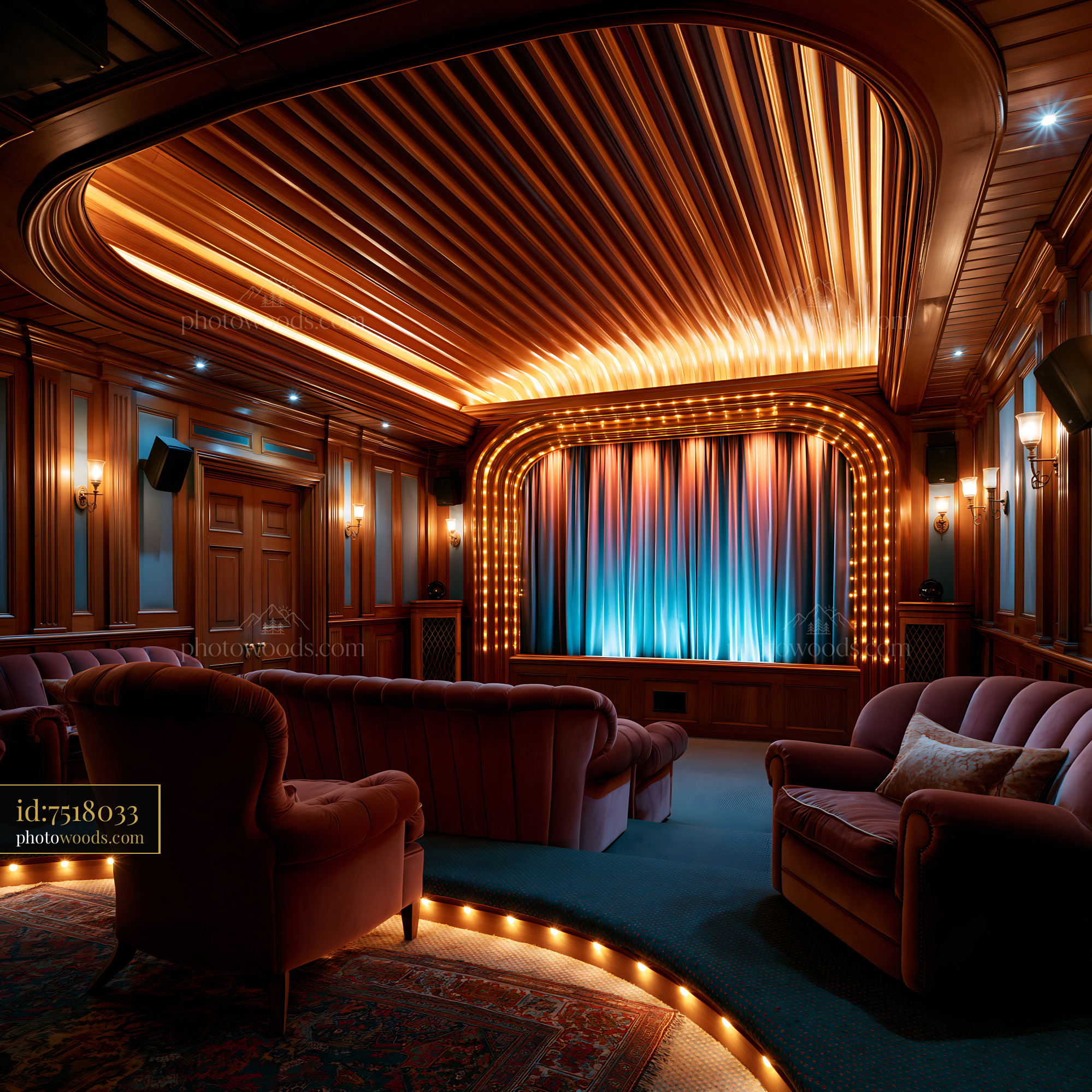 Classic Hollywood Style Basement Theater With Rich Wood Details