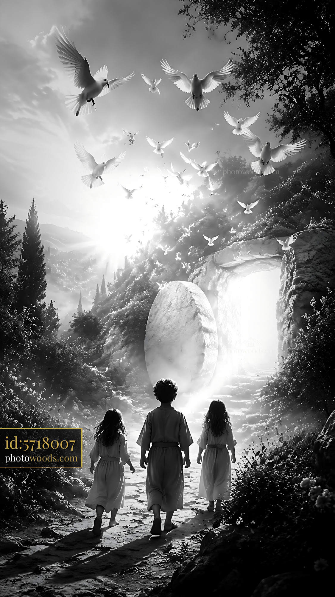 Children Walking Towards Opened Cave With Birds Flying Above