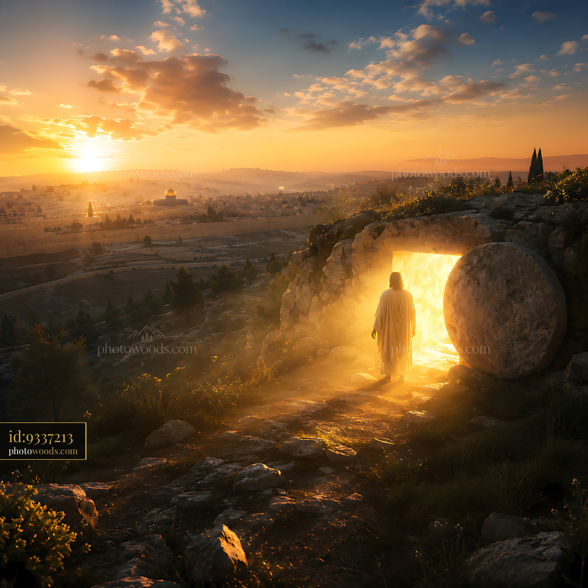 Figure Walking out of Tomb at Sunrise With Light Glowing