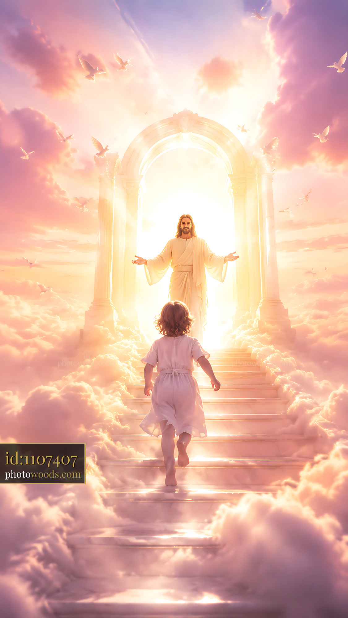 Child Runs Towards Figure in Bright Light With Clouds Around
