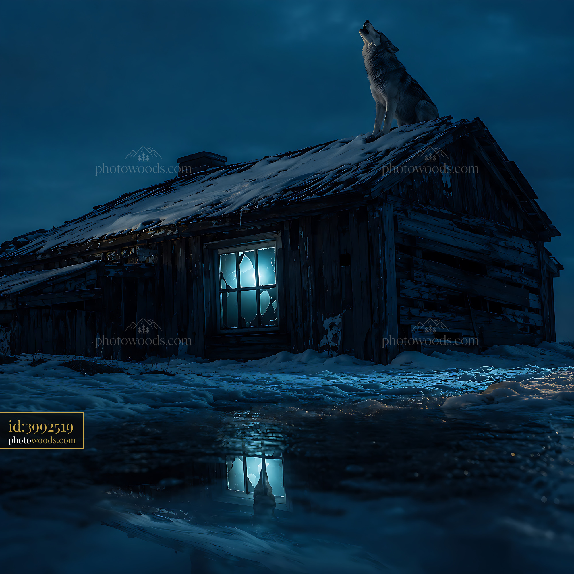 Wolf Howling on Roof of Cabin in Snowy Landscape at Night