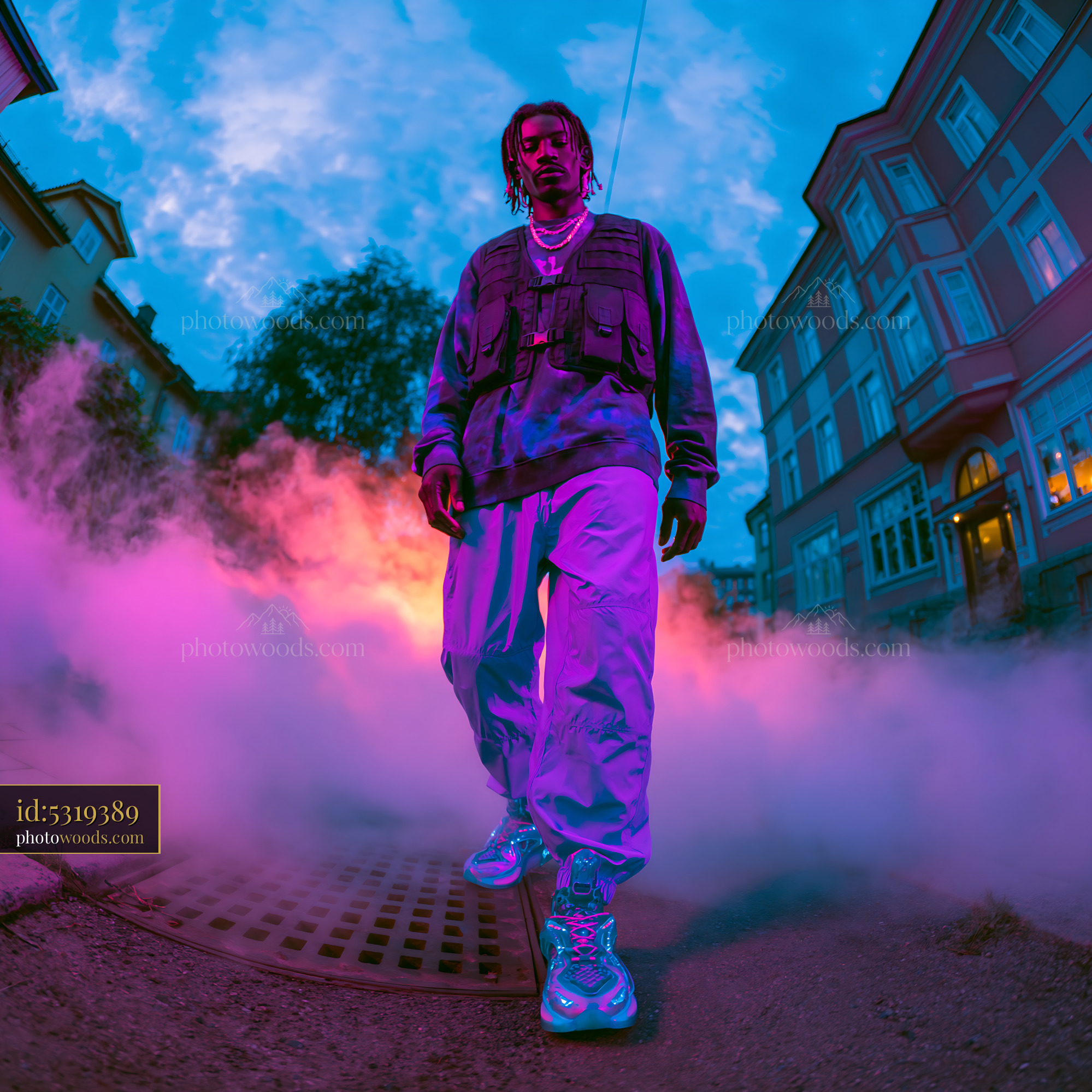 Man in Tactical Vest Standing in Foggy Street at Night