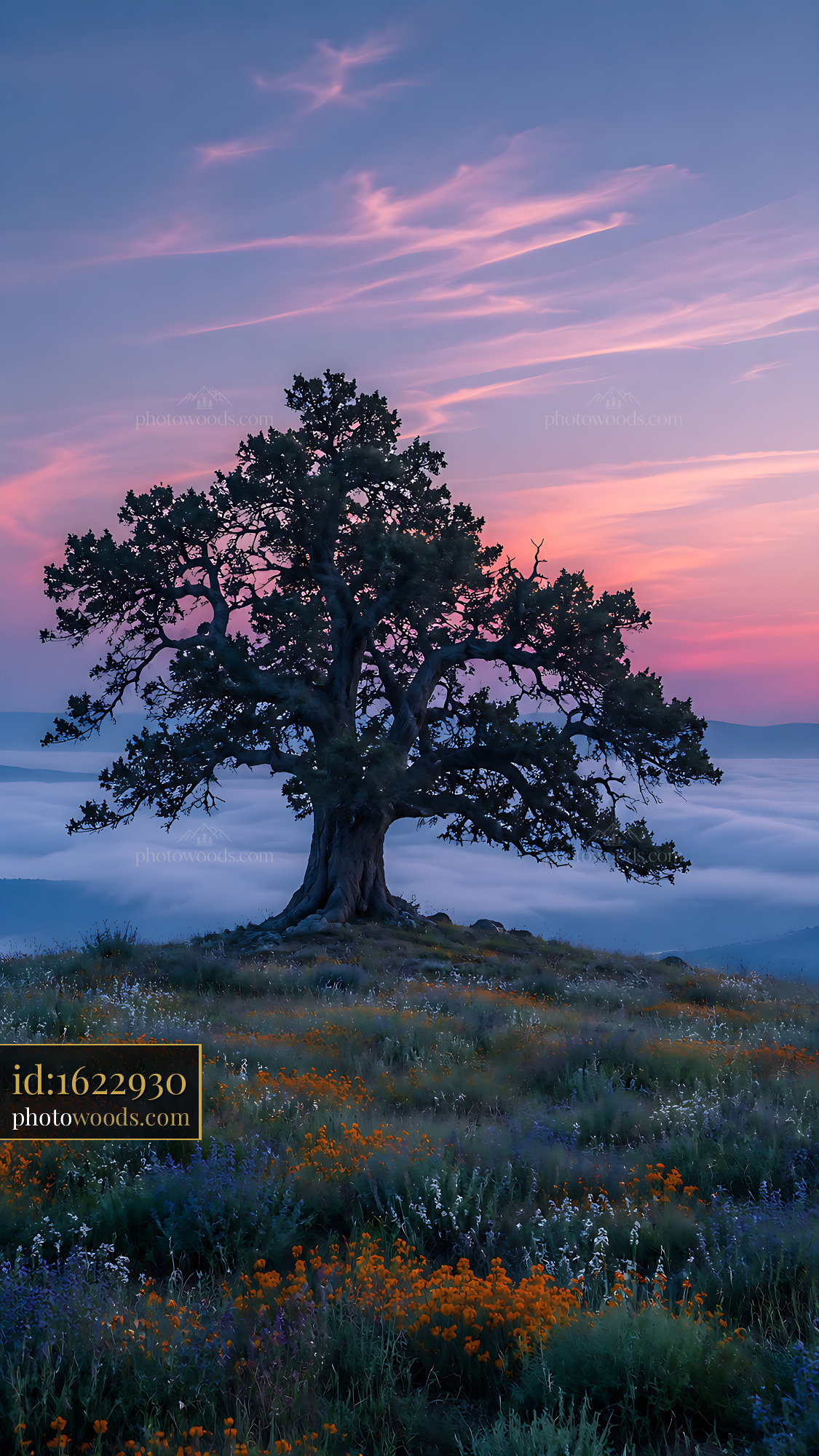 Tree Stands Tall on Hilltop Surrounded by Flowers at Sunset