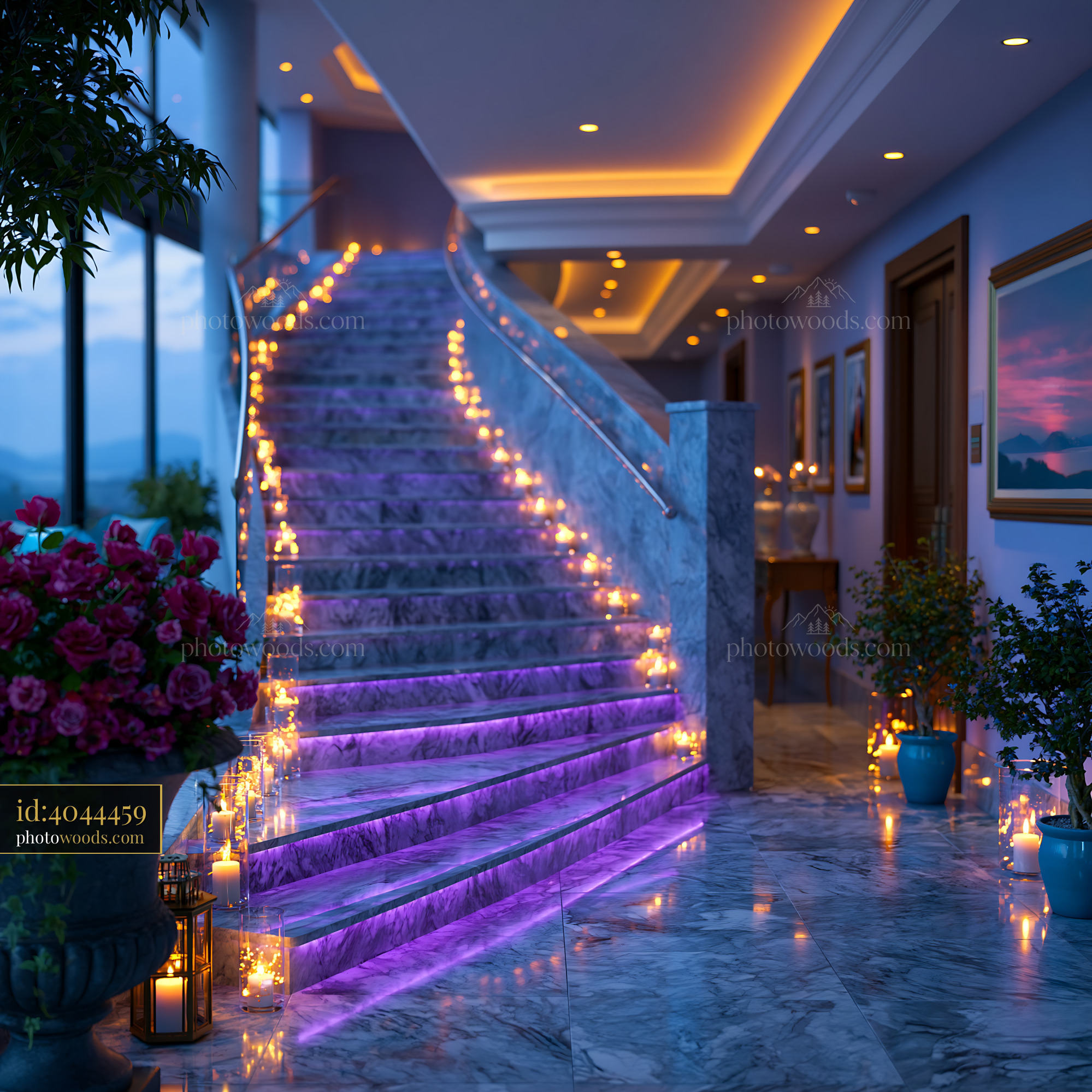 Marble Entrance Hall With Lit Staircase and Floral D?cor