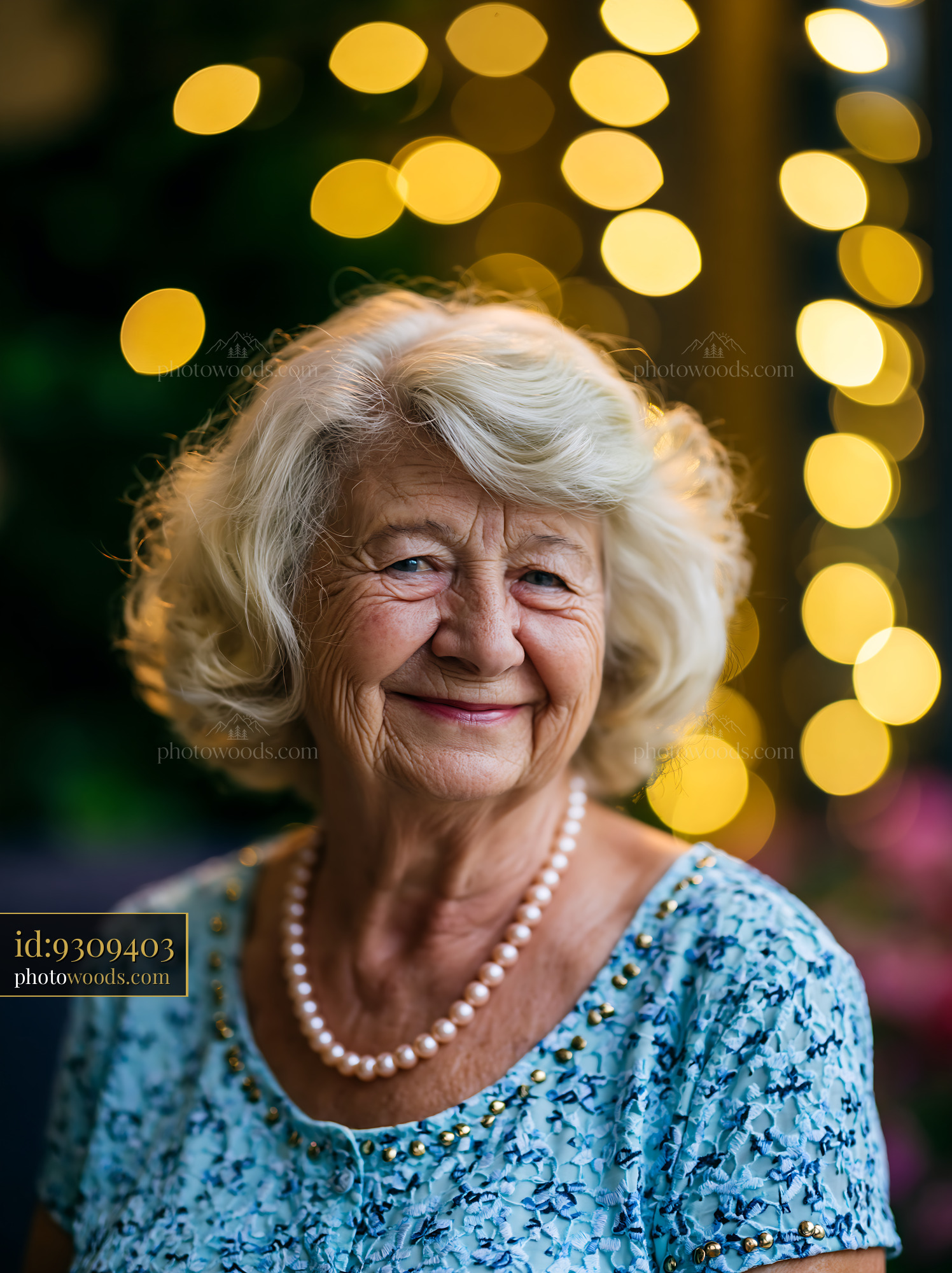 Elderly Woman Smiling With Bokeh Lights in Background