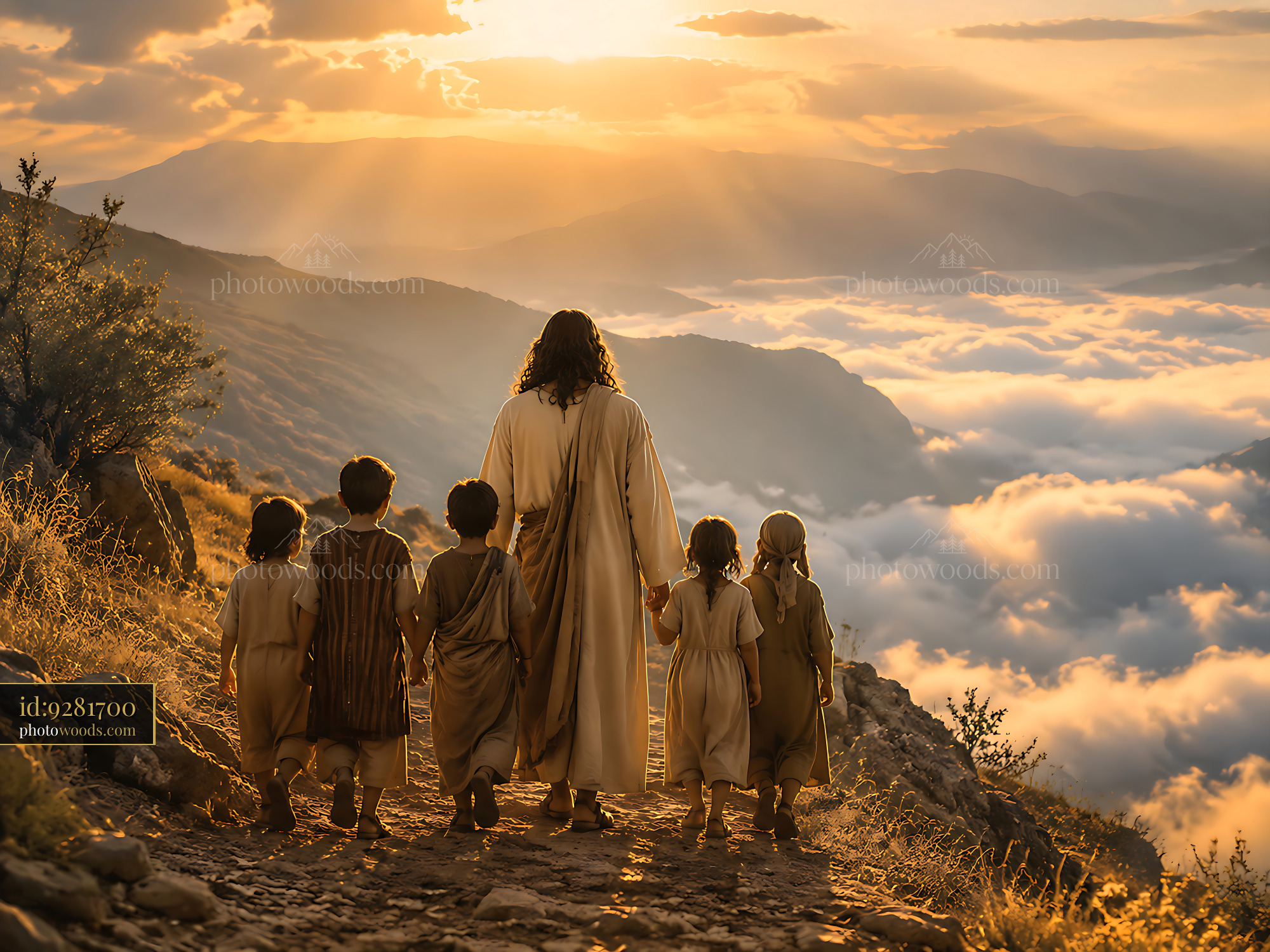 Jesus Walks With Children During Sunset Over the Mountains