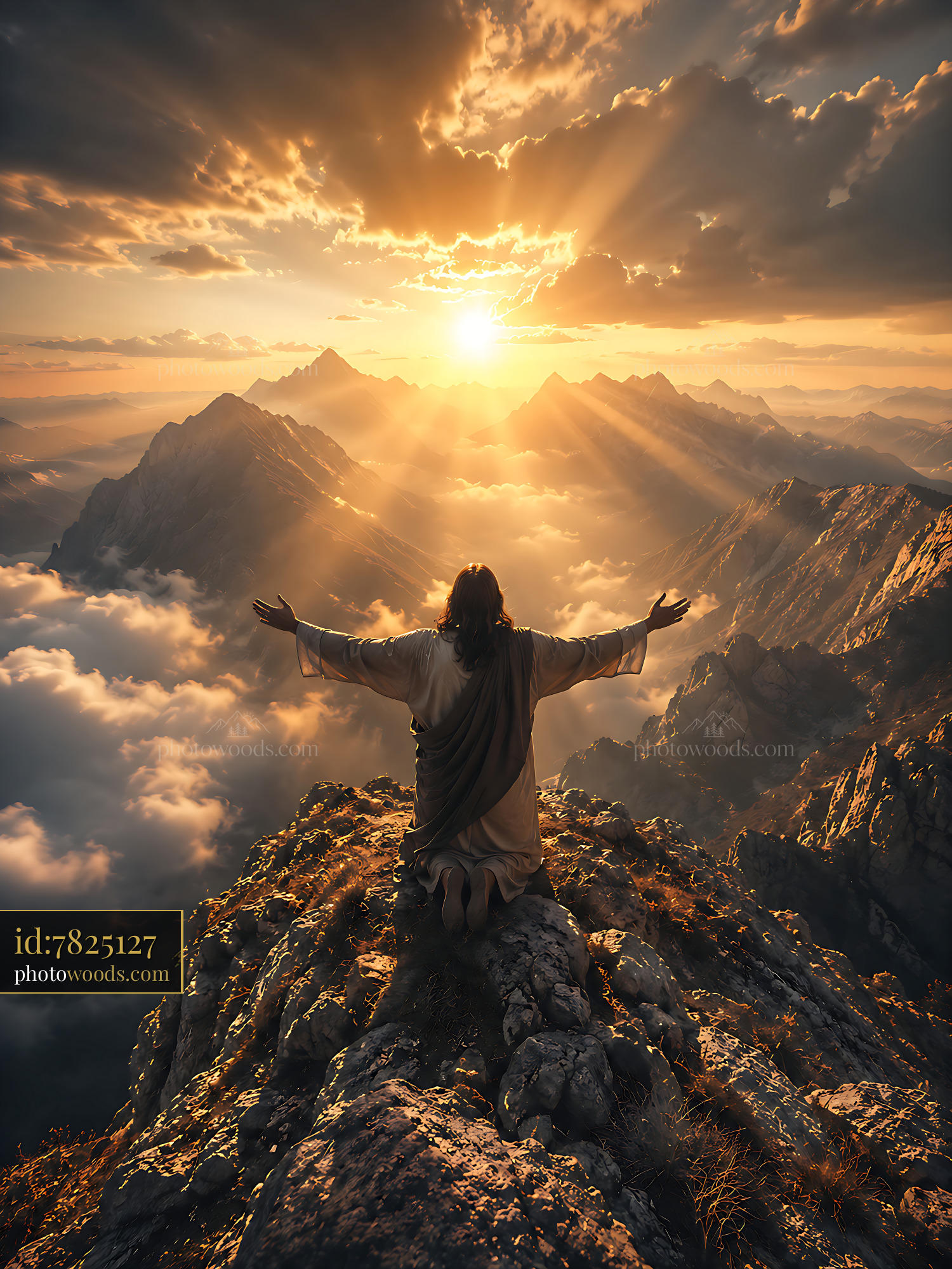 Figure With Arms Outstretched on Mountain During Sunset
