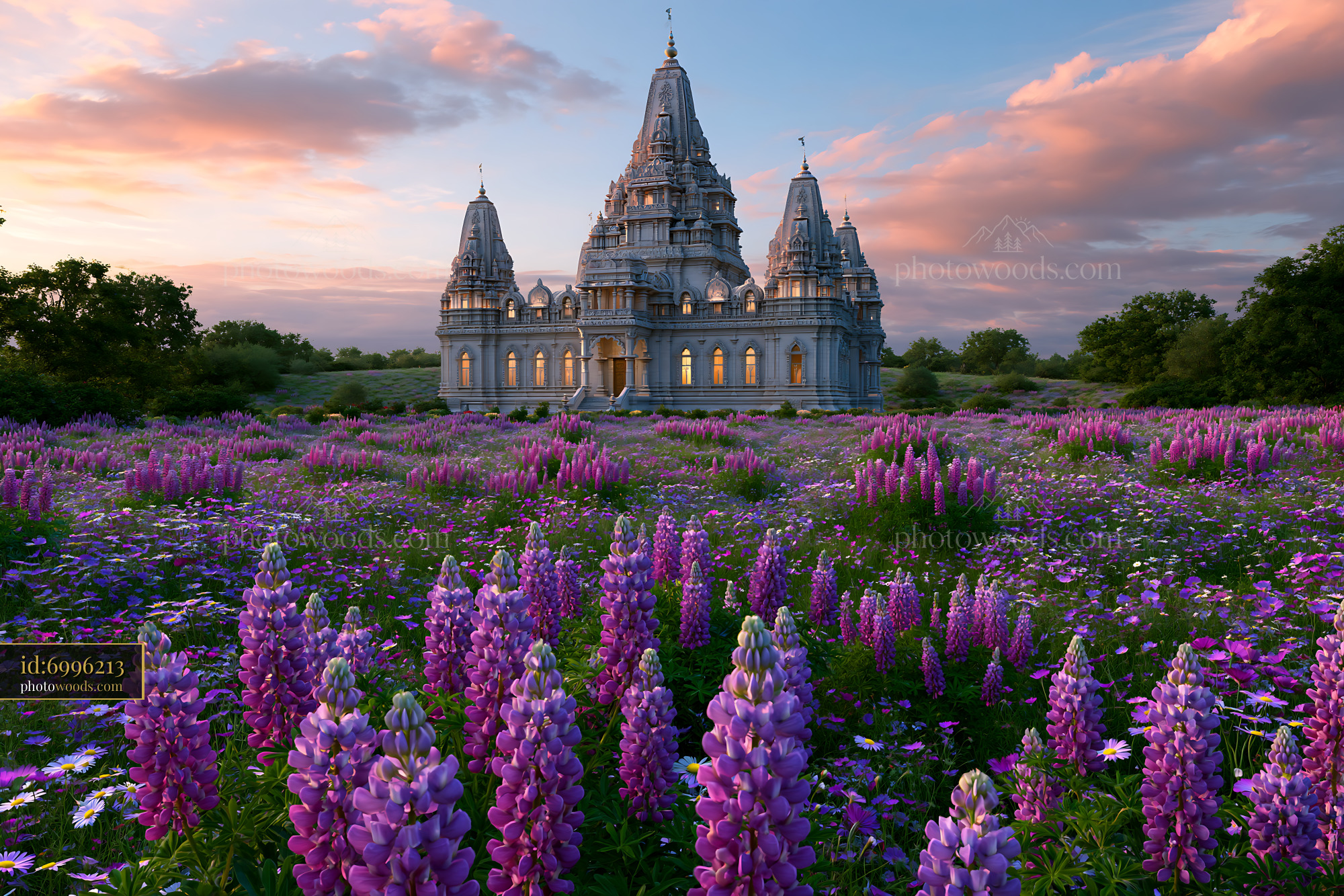 Architectural Detail of a Temple With Blooming Flowers at Sunset