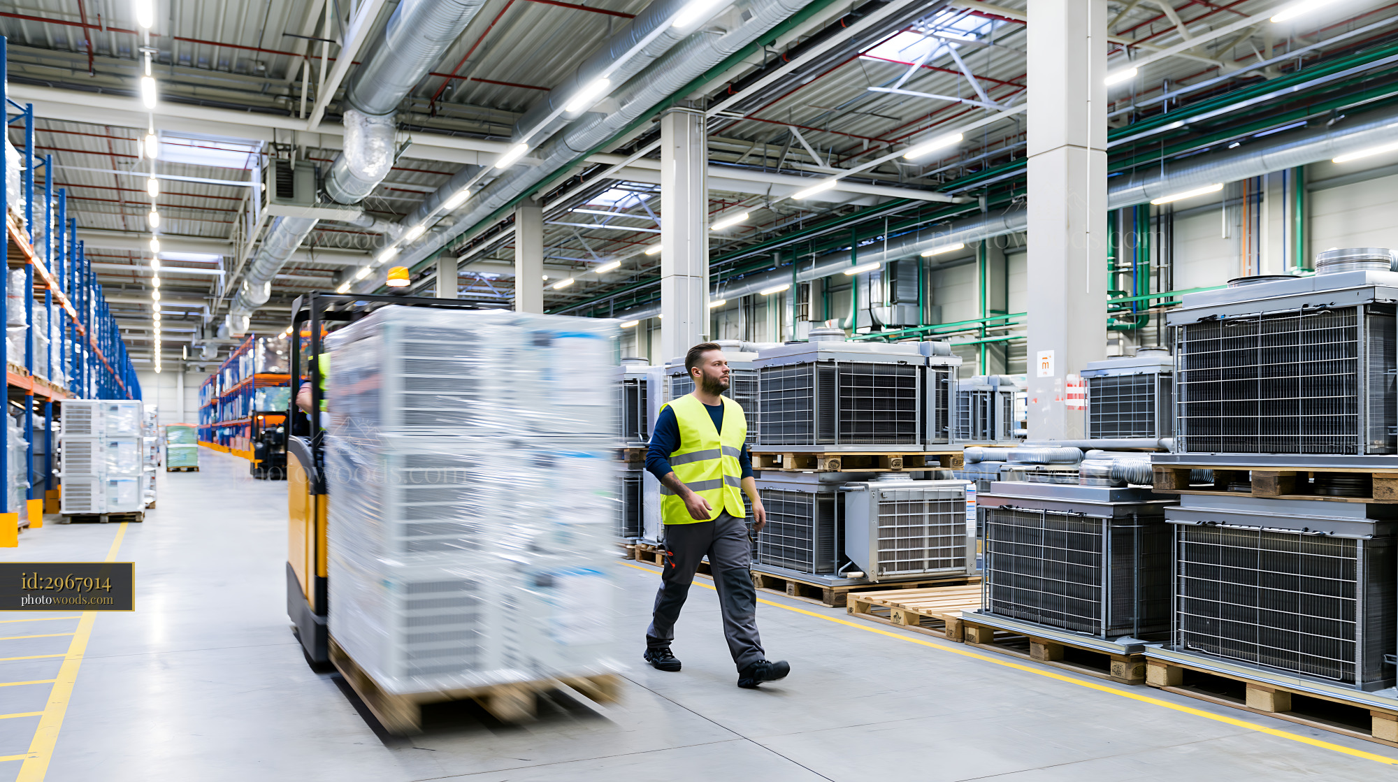 Heating Technician Moving Pallets in Warehouse