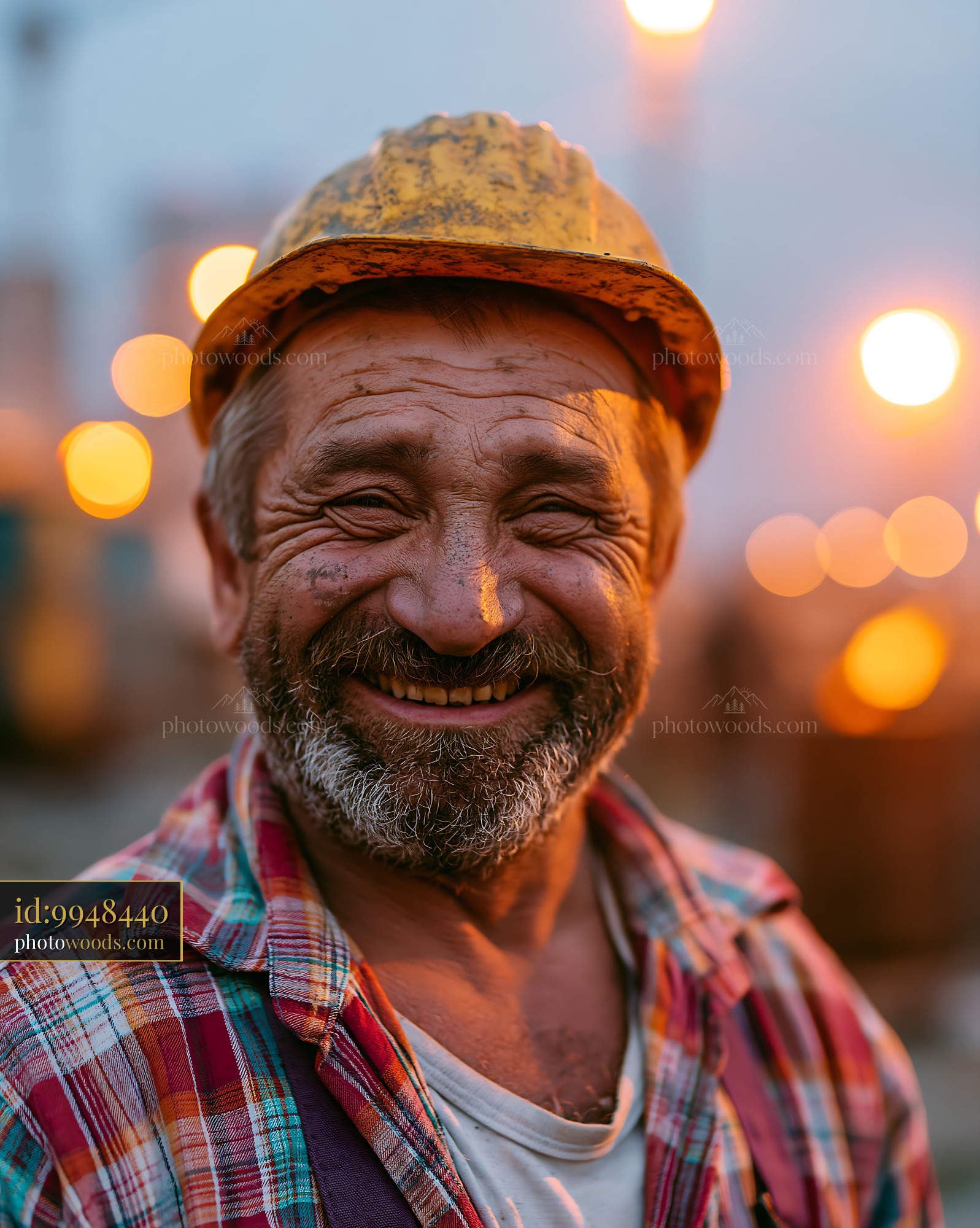 Worker Smiles in Hard Hat at Construction Site During Evening