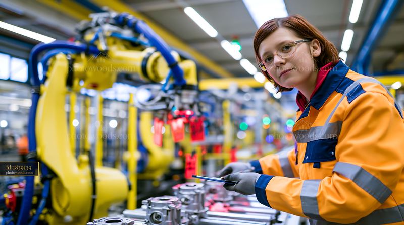 Technician Maintaining an Industrial Robot Arm in a Factory Setting