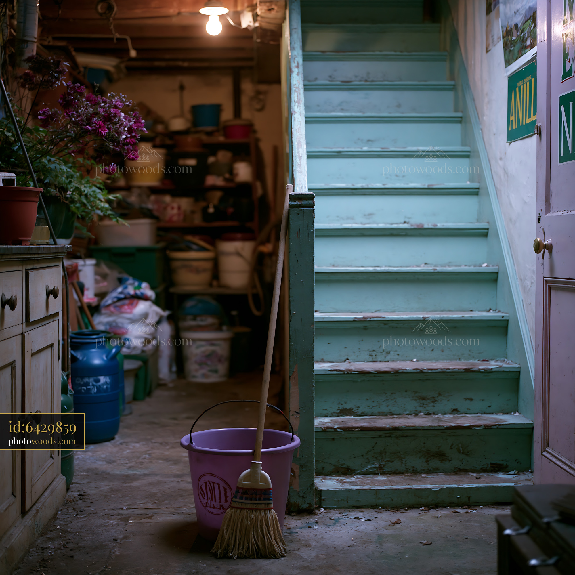 Cluttered Storage Room Under Stairs With Broom and Bucket