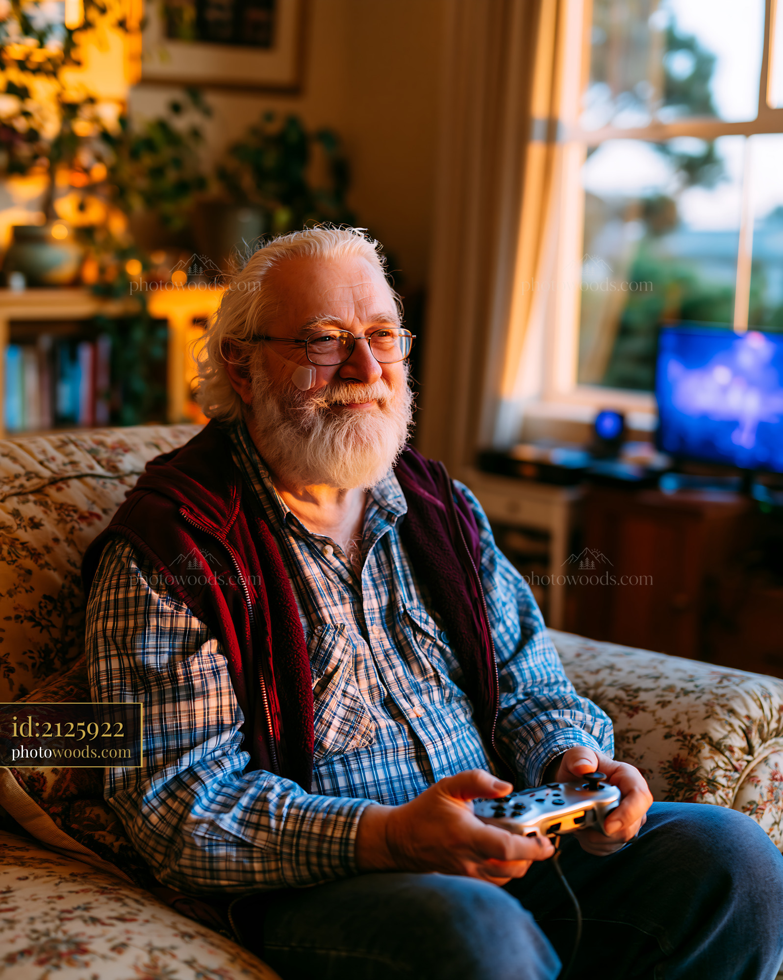 Senior Man Playing Video Games in a Cozy Living Room Setting
