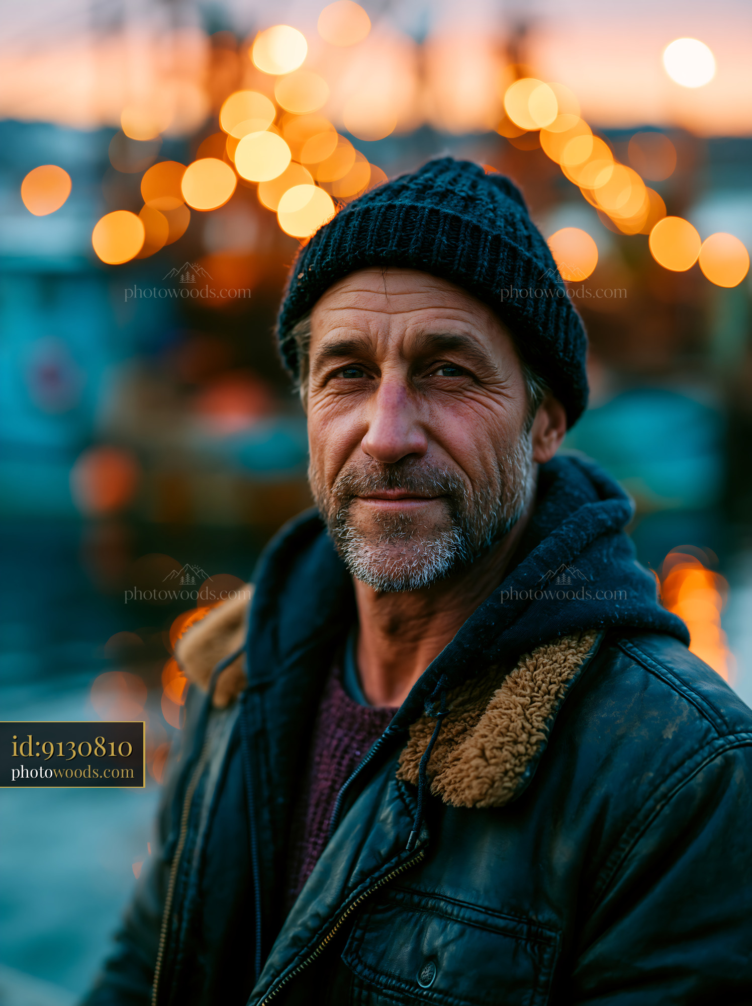 Man Stands Near Boats at Sunset With Lights in Background
