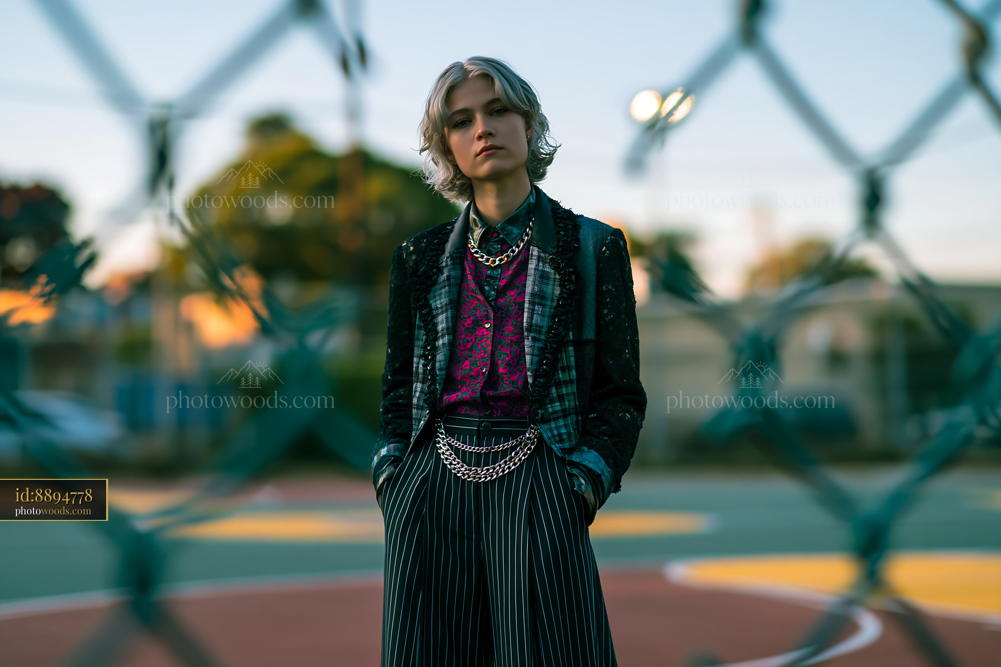 Androgynous Model on Basketball Court During Sunset