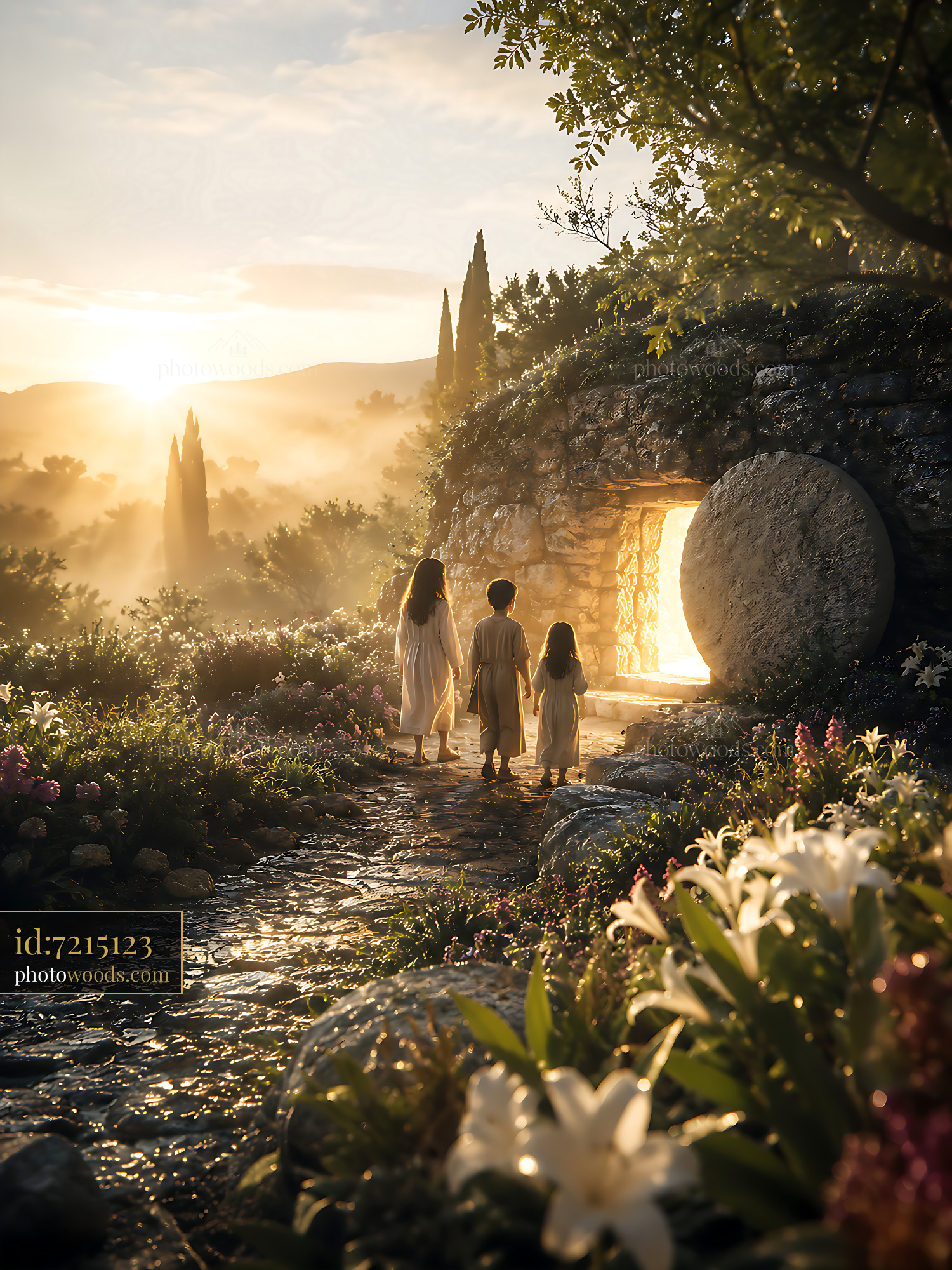 Children Walking Towards a Stone Door in a Garden at Sunset