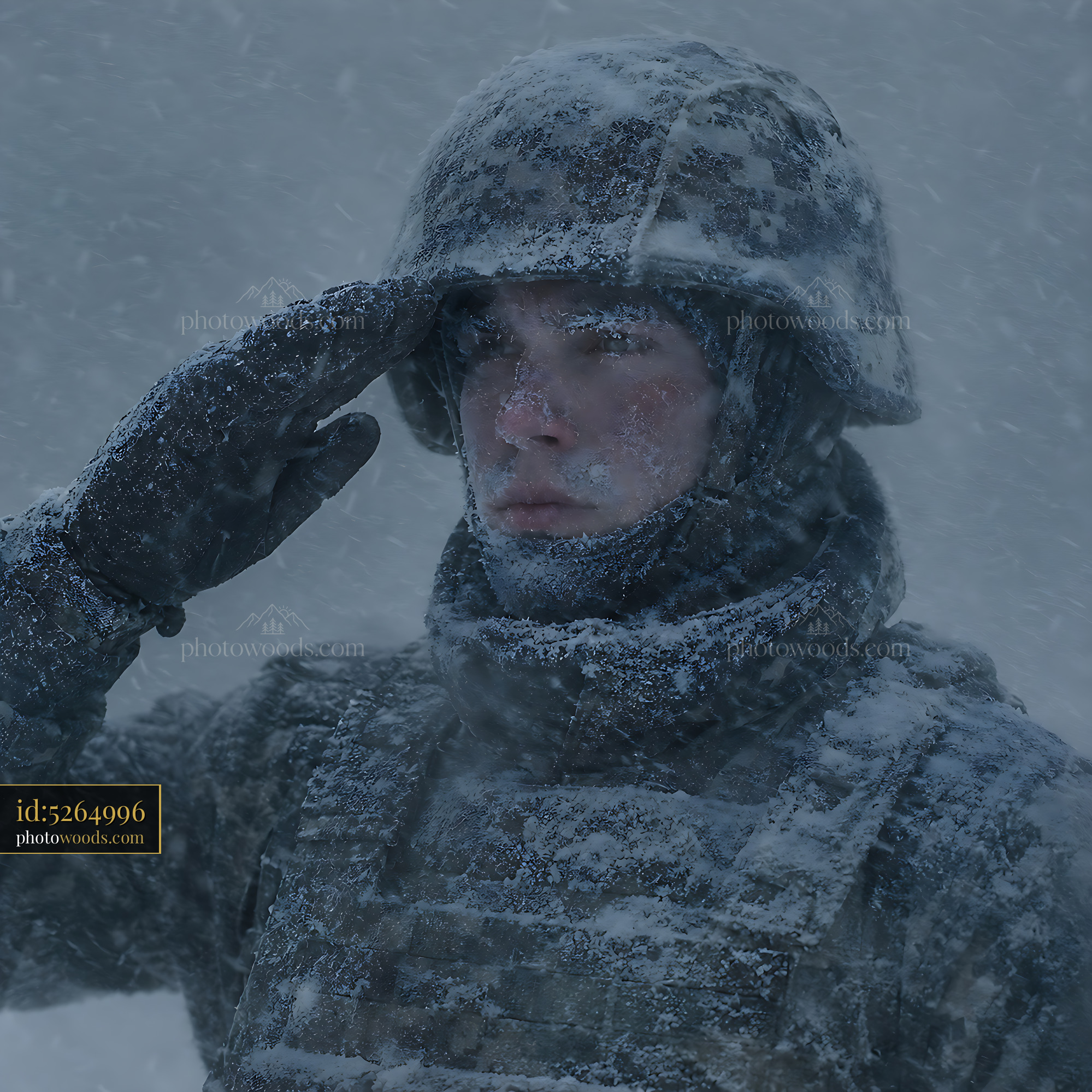 Soldier Saluting in Heavy Snow During a Winter Storm