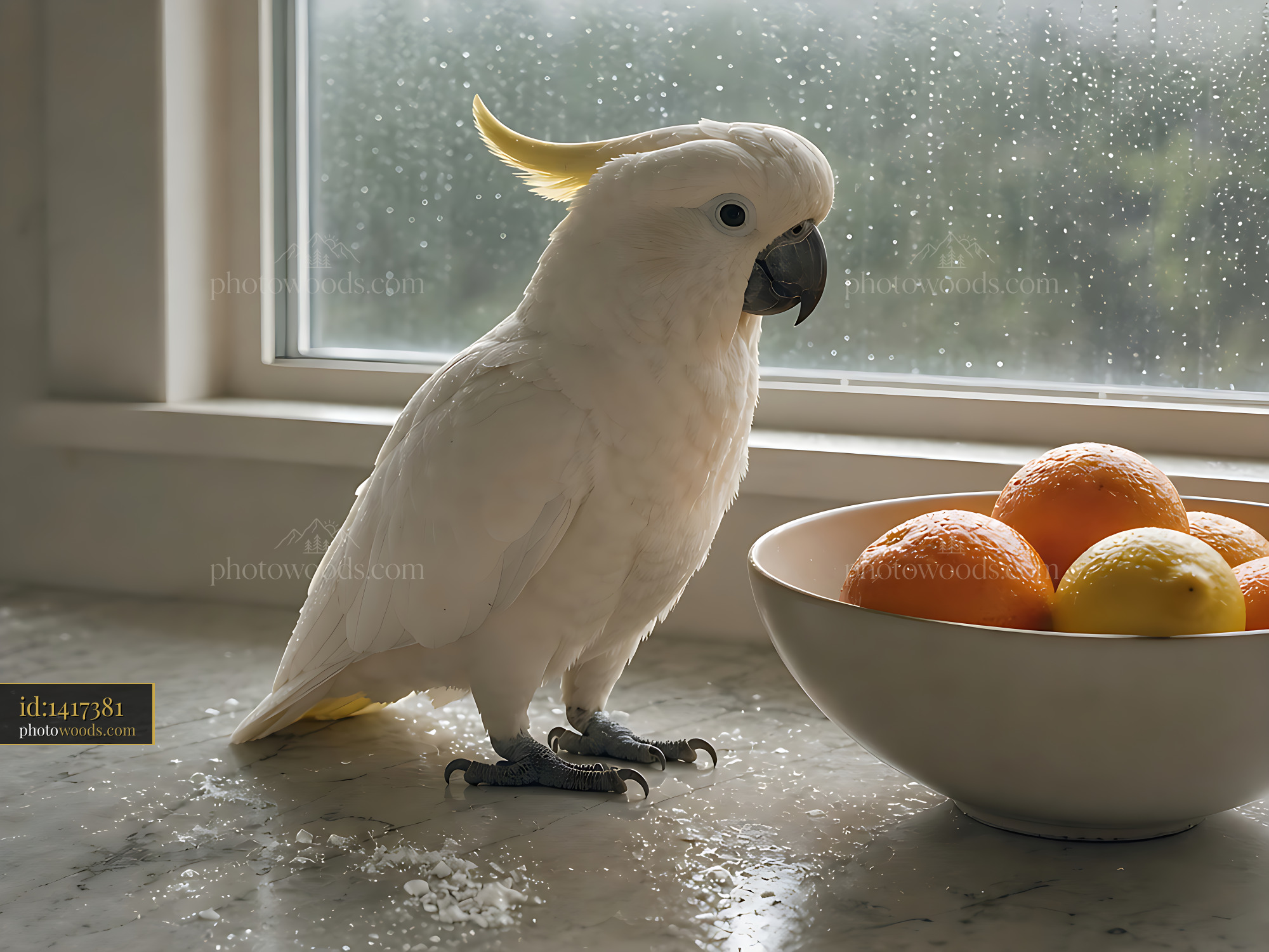 Cockatoo Stands Near a Bowl of Fruit on a Kitchen Countertop