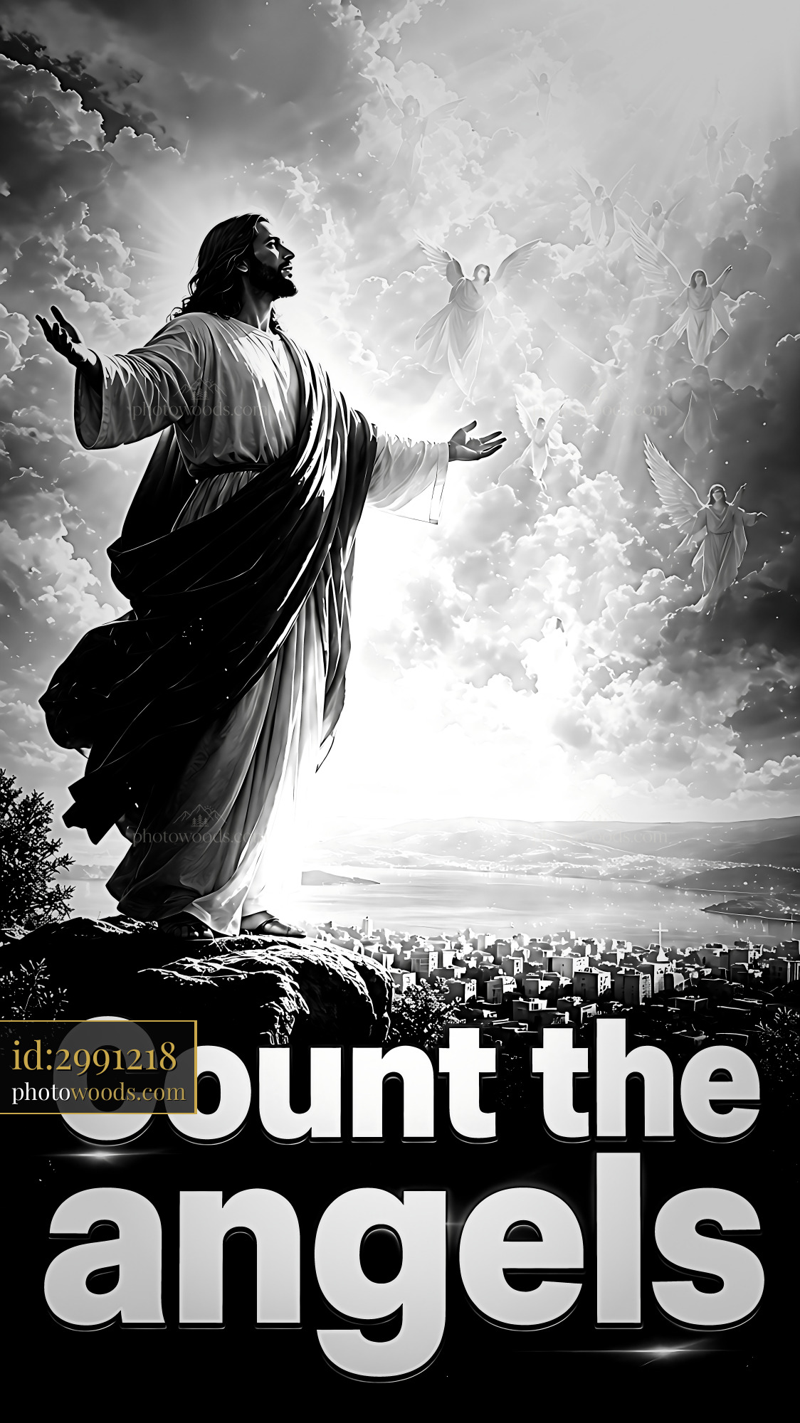 Jesus Standing With Arms Open and Angels Above in a Cloudy Sky