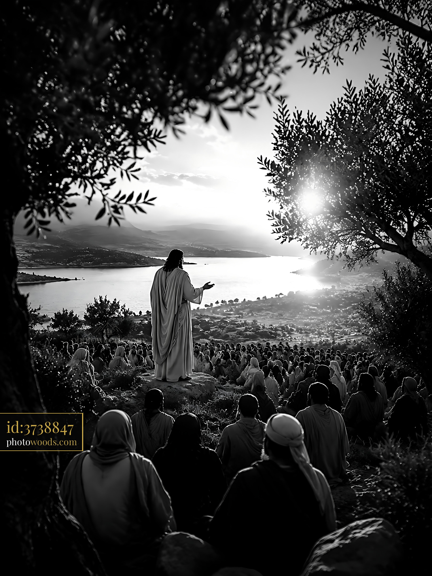 Jesus Teaching a Crowd by the Lake During Sunset With Olive Trees