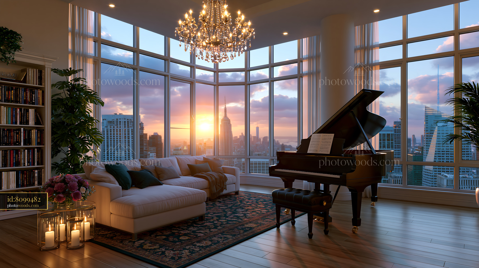 Penthouse Living Room With Panoramic City View at Sunset