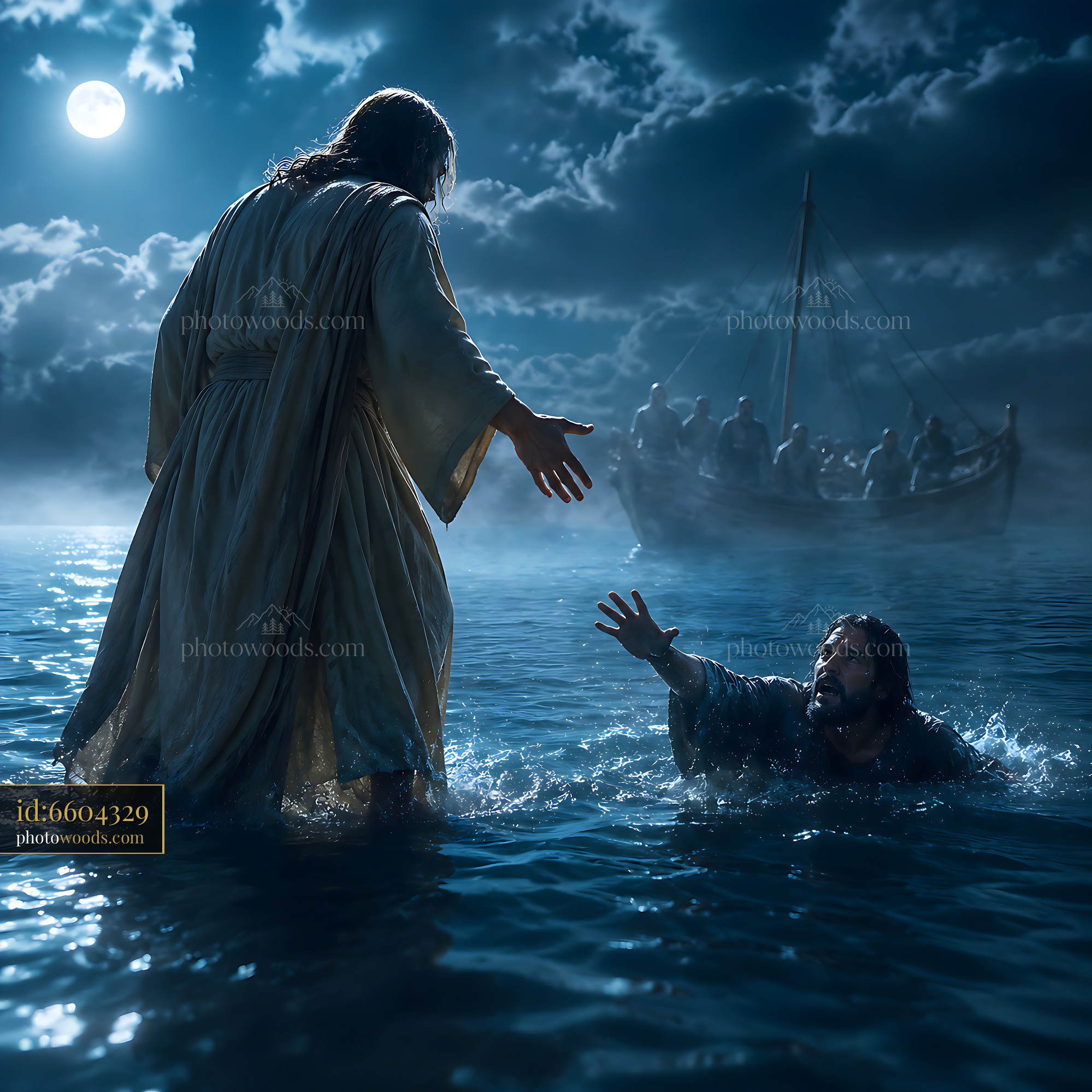 Jesus Helps a Man in Water During a Nighttime Storm Scene