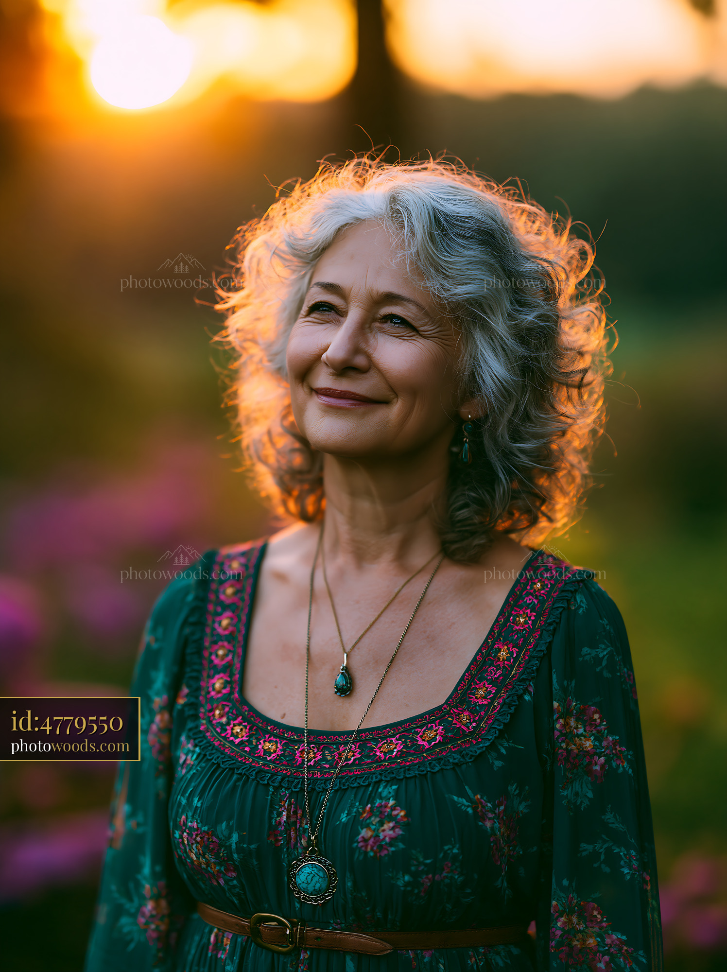 Woman Smiles in Nature During Sunset With Flowers Around