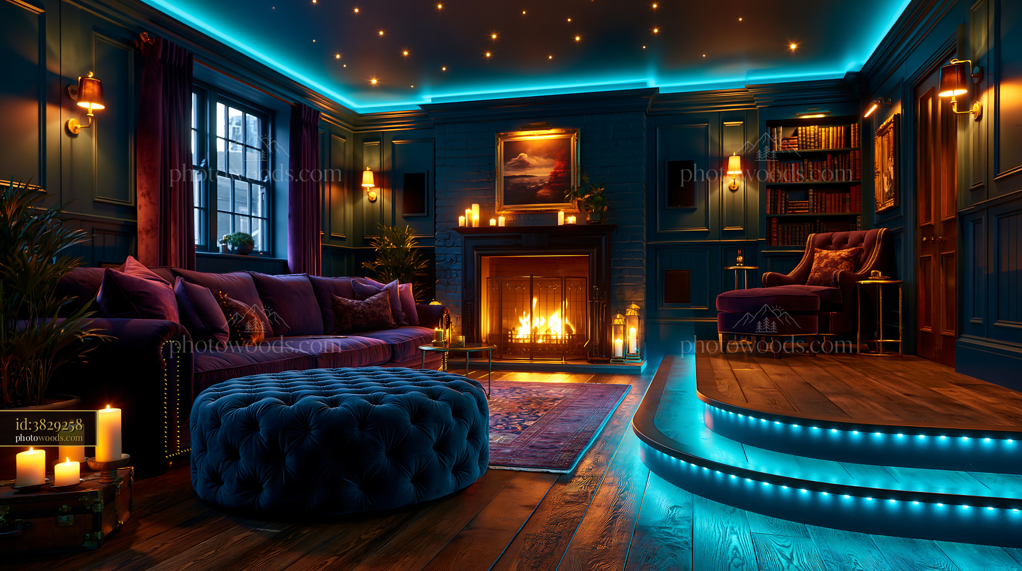 Cozy Basement Screening Room With Fireplace and Modern Lighting