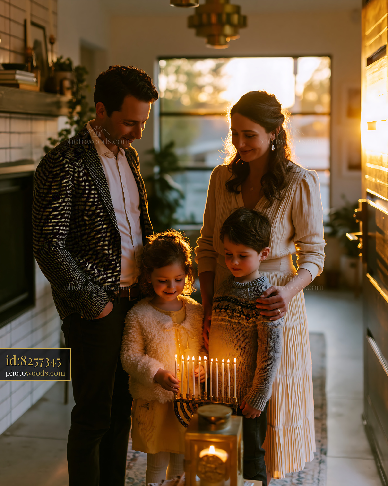 Family Lighting Menorah for Hanukkah During Golden Hour