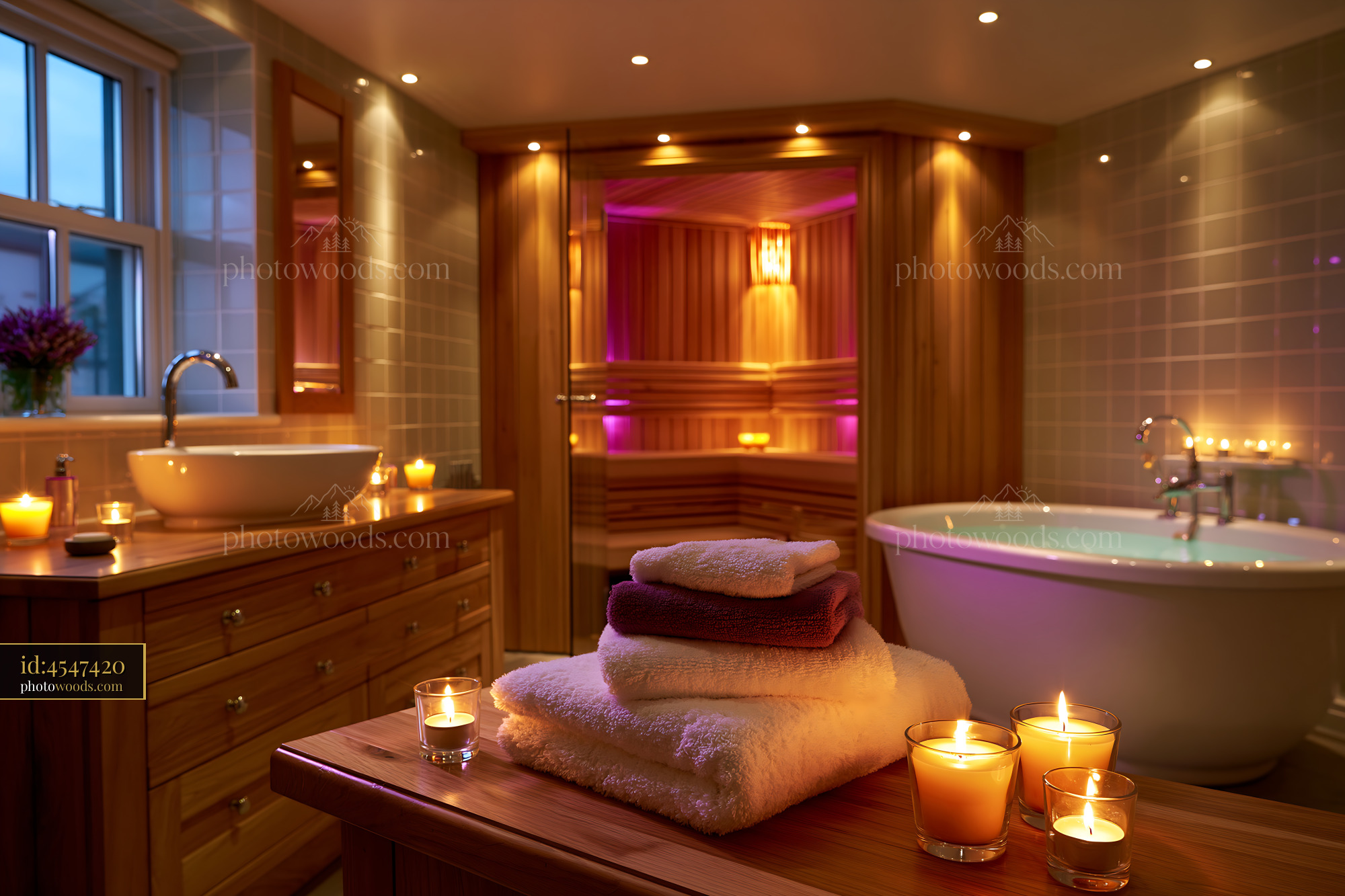 Wellness Bathroom With Integrated Sauna and Soft Lighting