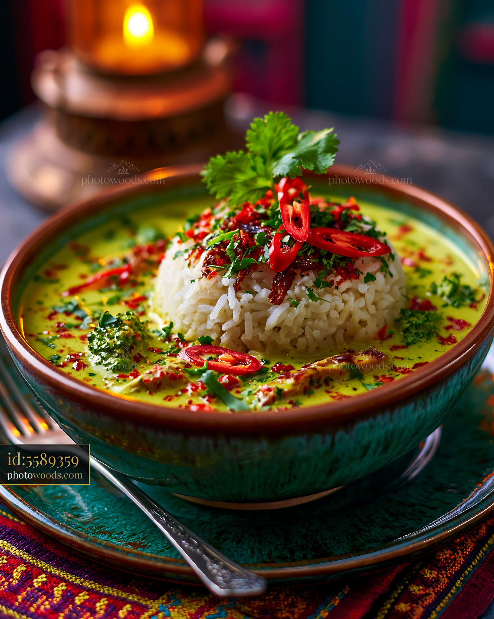 Thai Green Curry With Jasmine Rice in a Bowl, Warm Setting