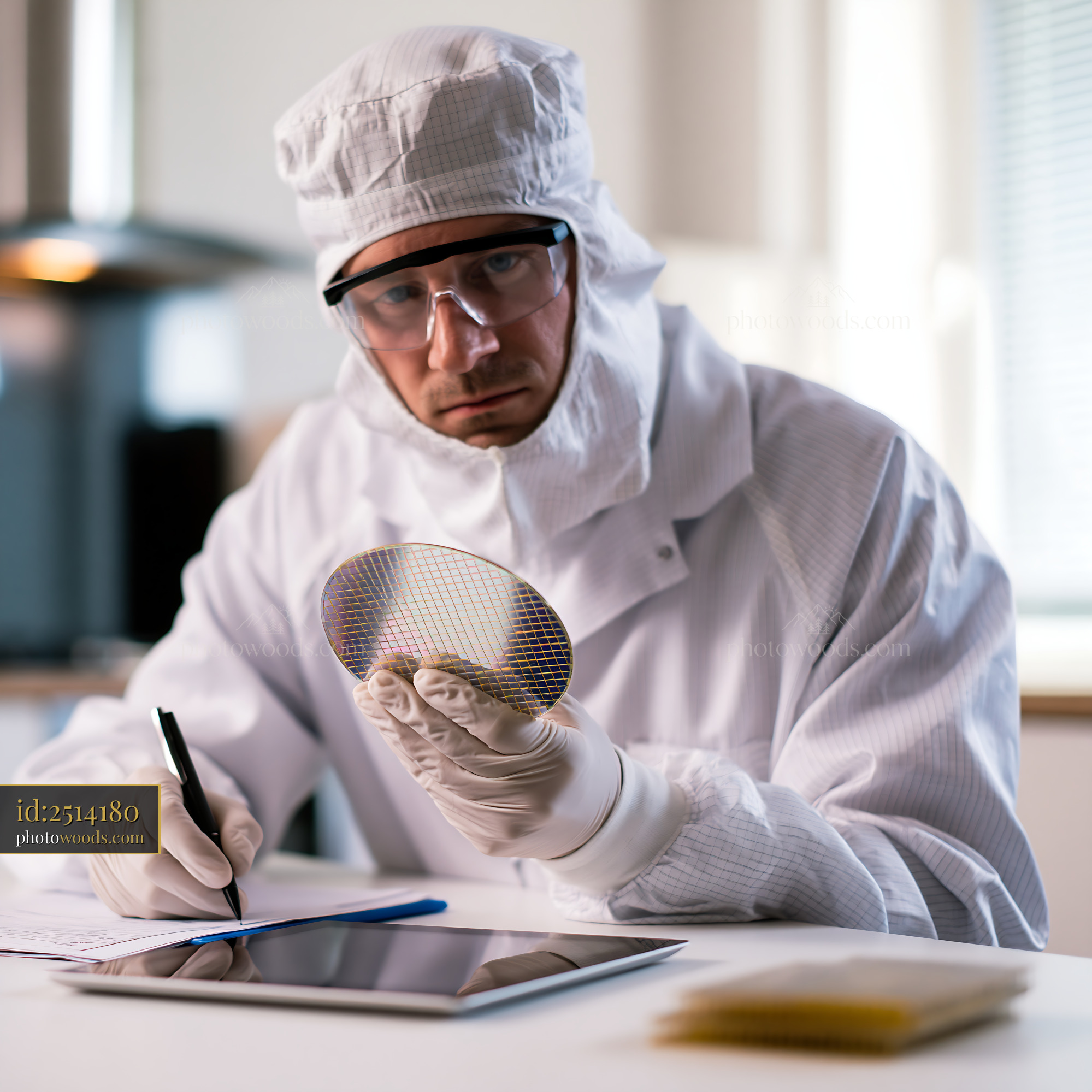 Clean Room Technician Examining Silicon Wafer in Laboratory