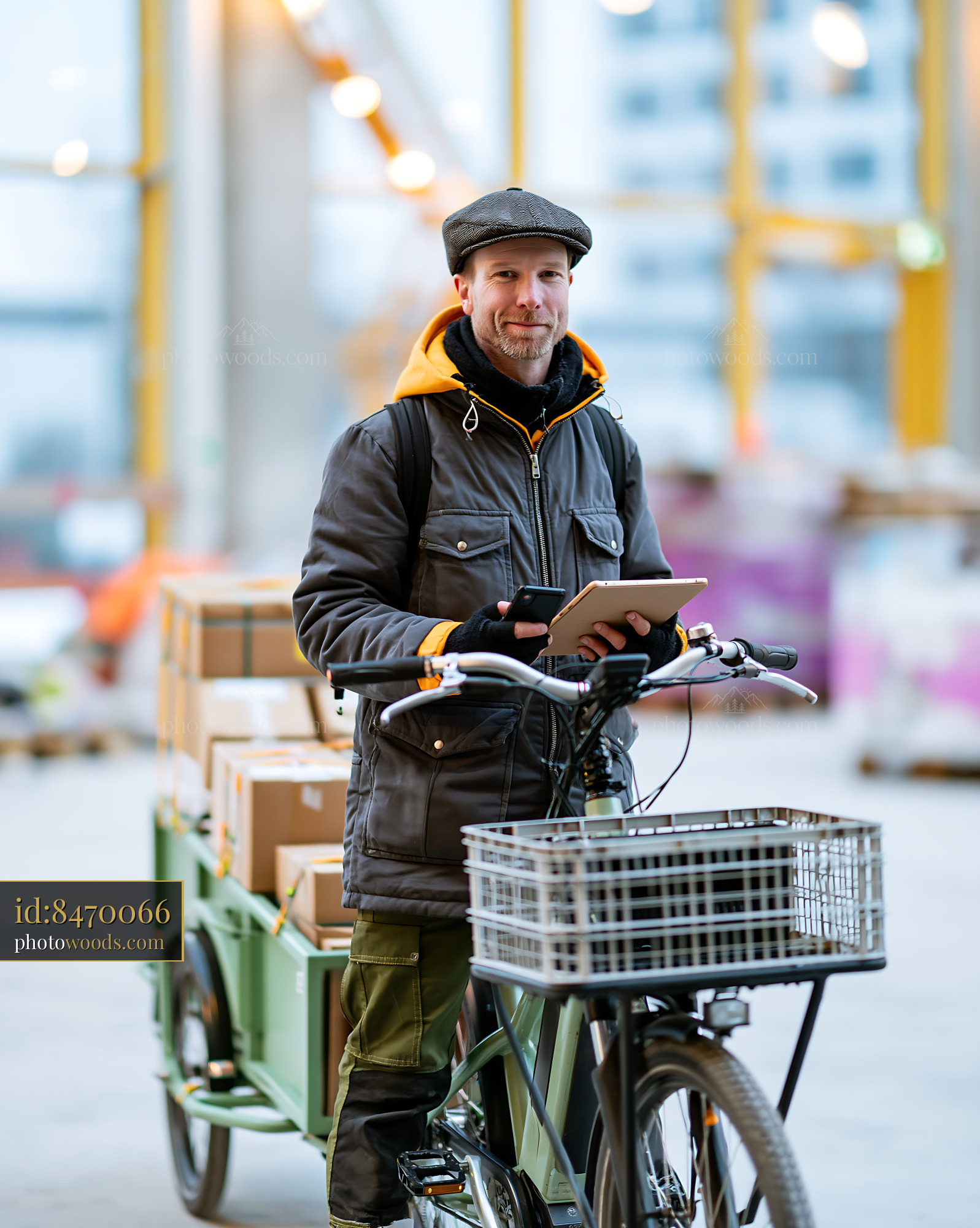 Cargo Bike Courier in Winter Clothing Standing Indoors