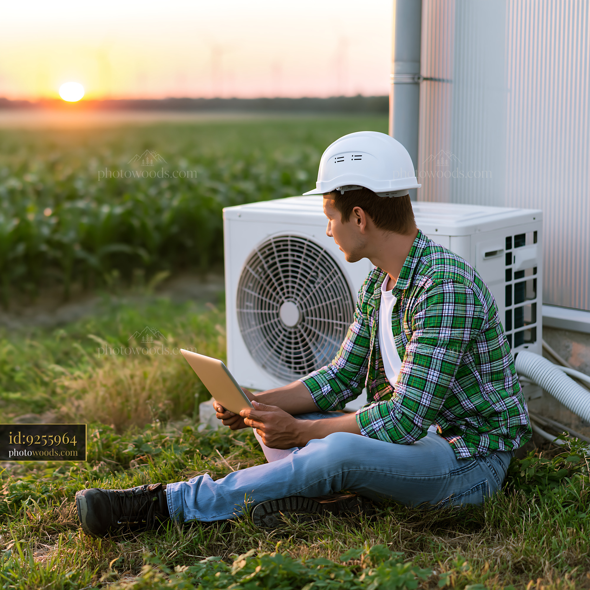Technician Installing Heat Pump While Checking Crop at Sunset