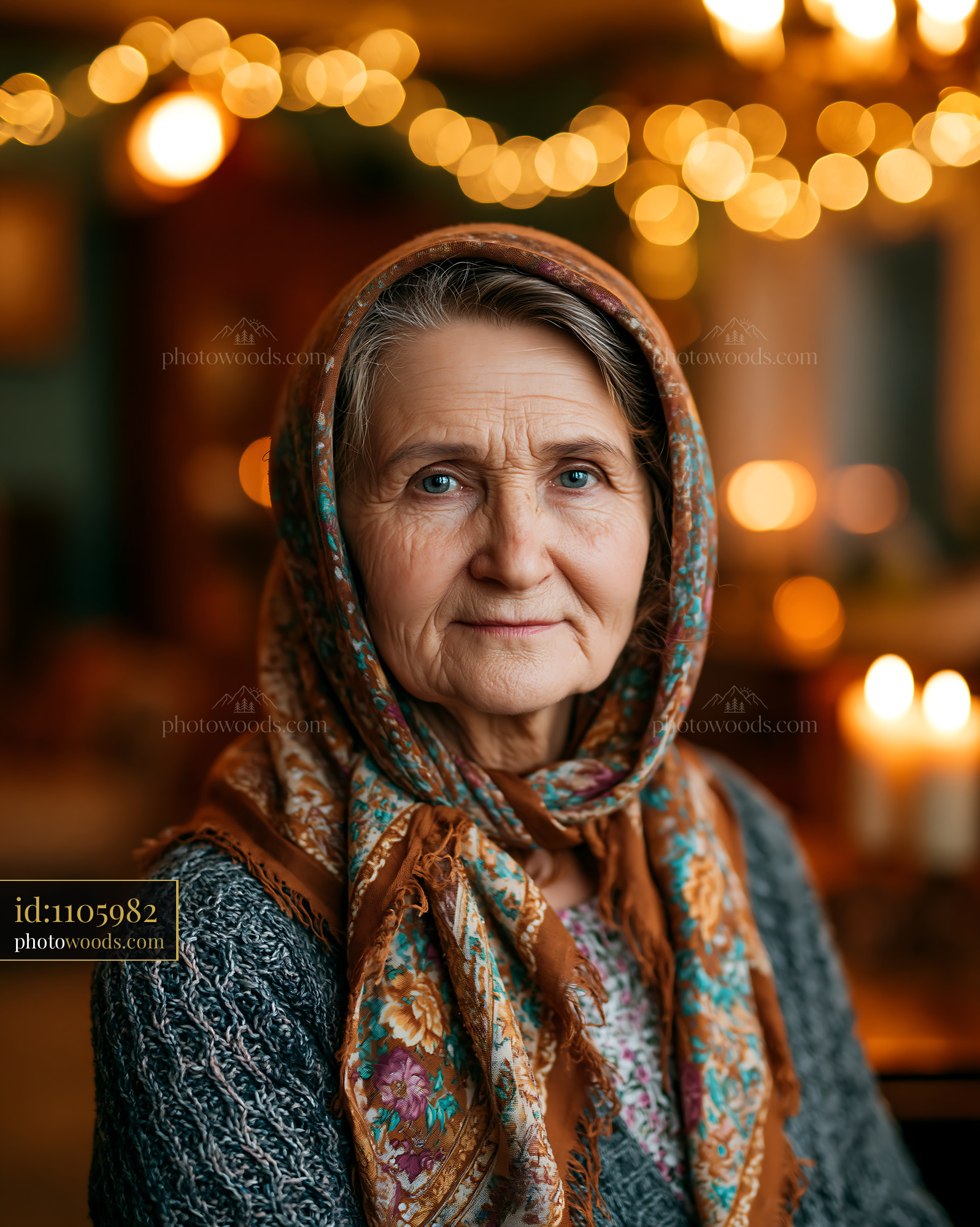 Older Woman Wearing Scarf Poses in Warm Light Setting