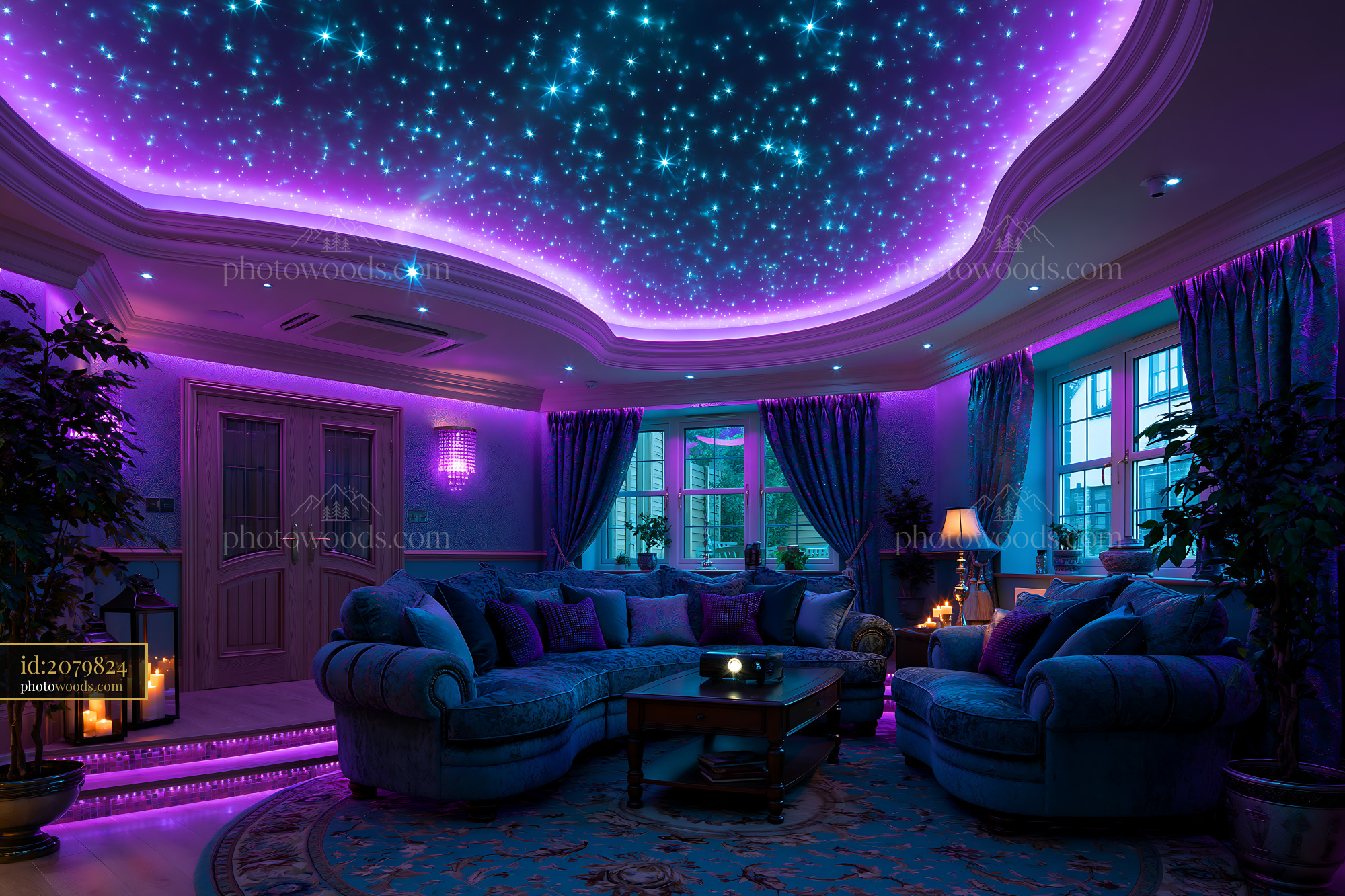 Futuristic Basement Theater With Purple LED Lighting