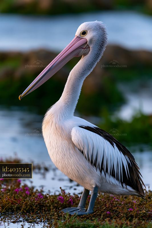 Australian pelican standing beside a coastal lagoon