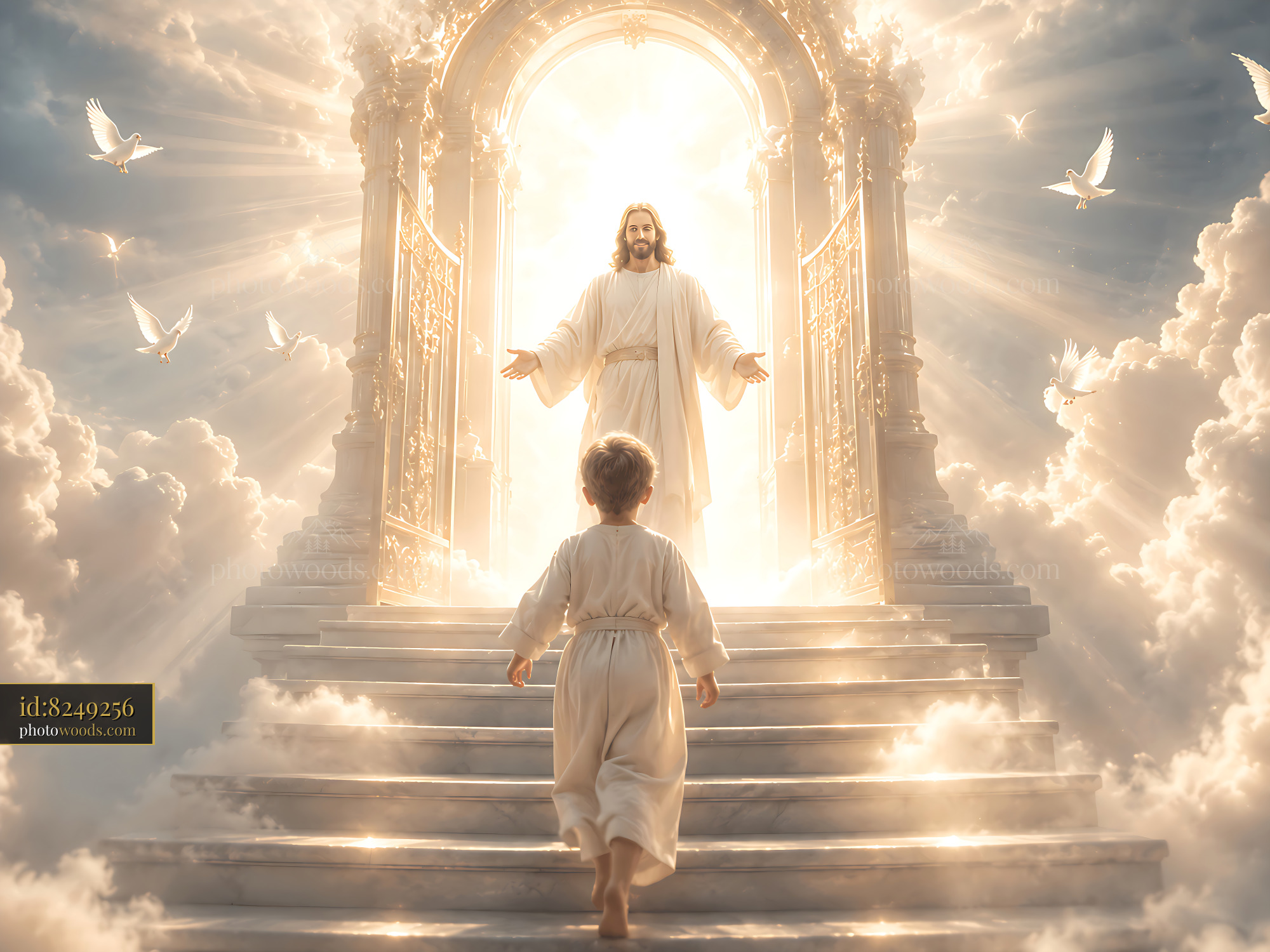 Child Walking Towards Light With Figure in White Robe Above Stairs