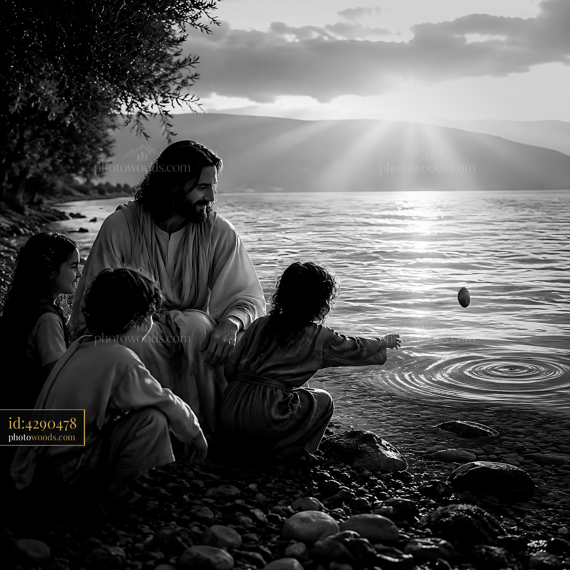 Jesus With Children on the Shore as They Play With Stones
