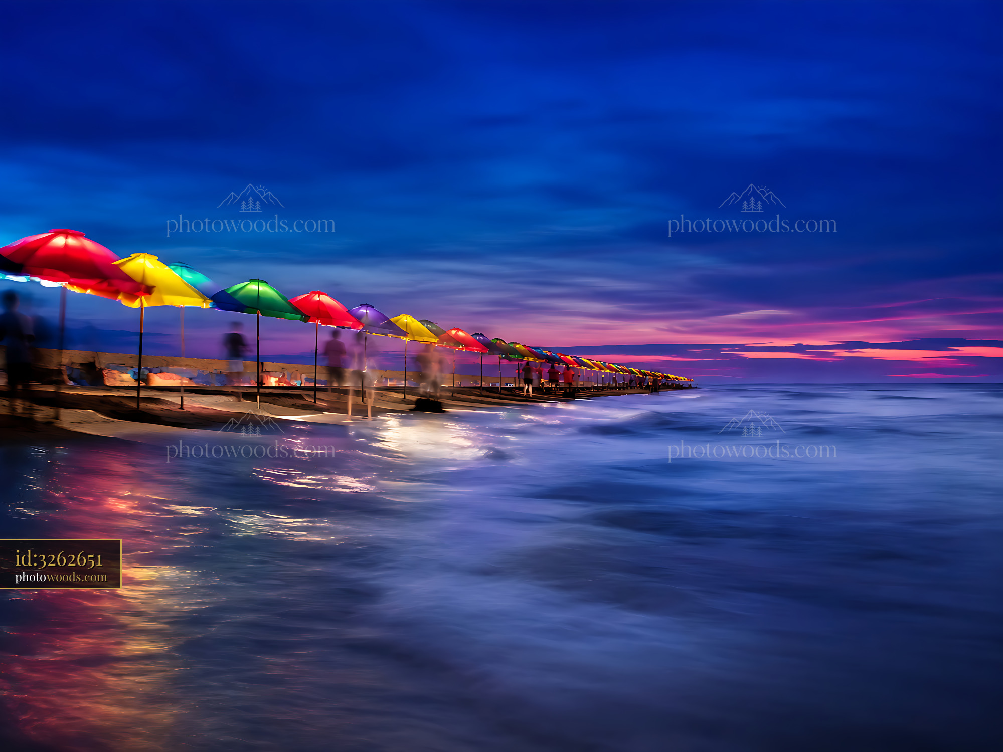 Colorful Umbrellas Line the Beach Pier at Sunset Near the Ocean