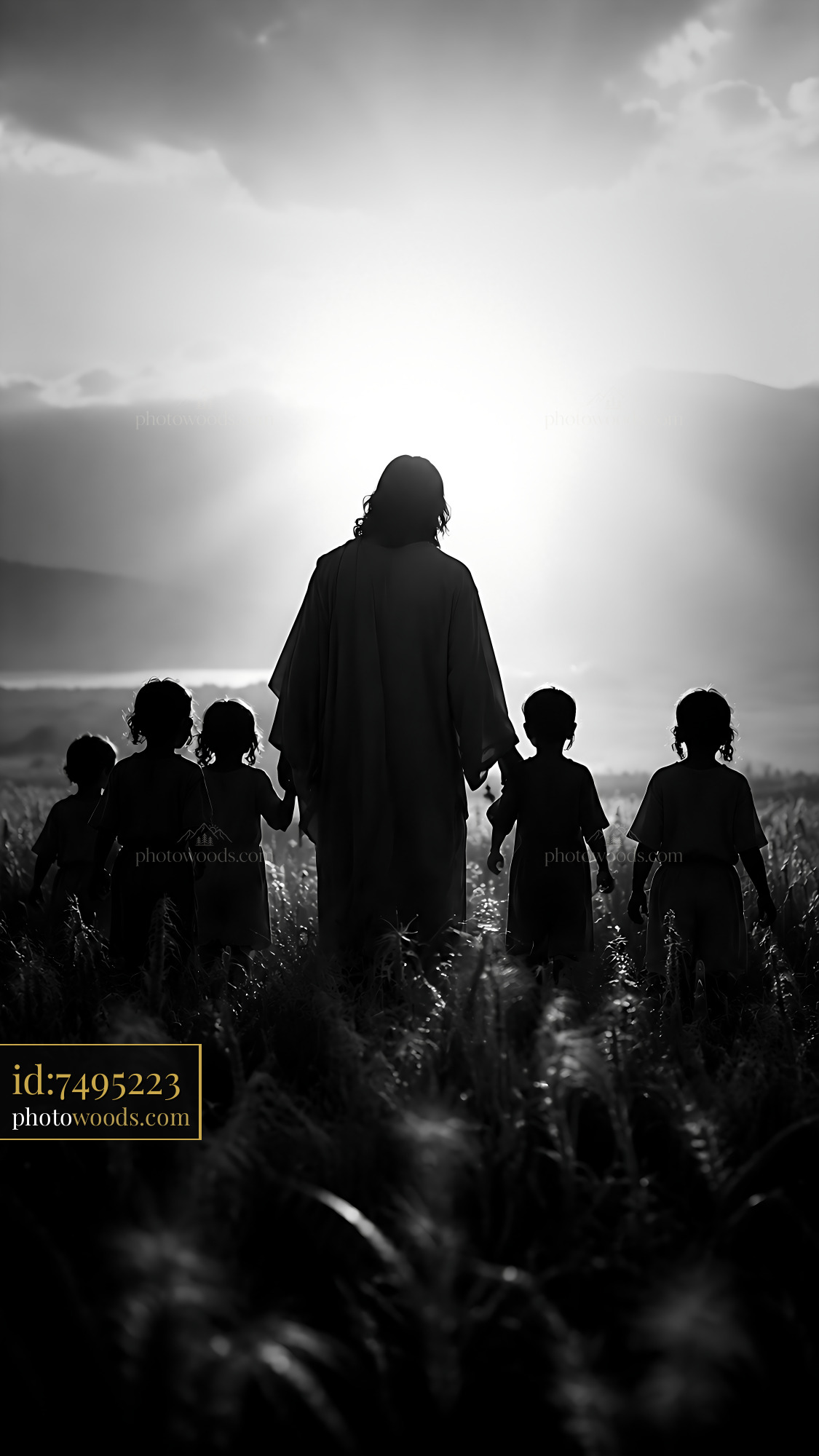 Jesus Walks With Children Through a Field Toward the Light