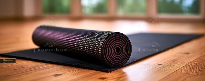 Rolled black exercise mat on a wooden floor