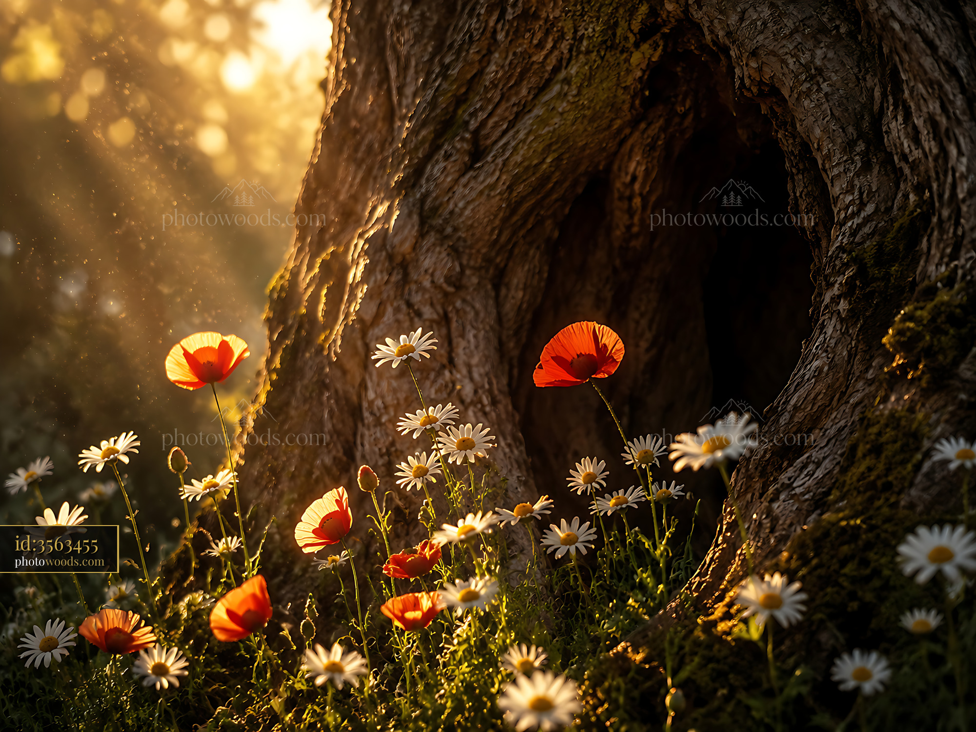 Flowers Bloom Near Tree Trunk in Warm Sunset Light