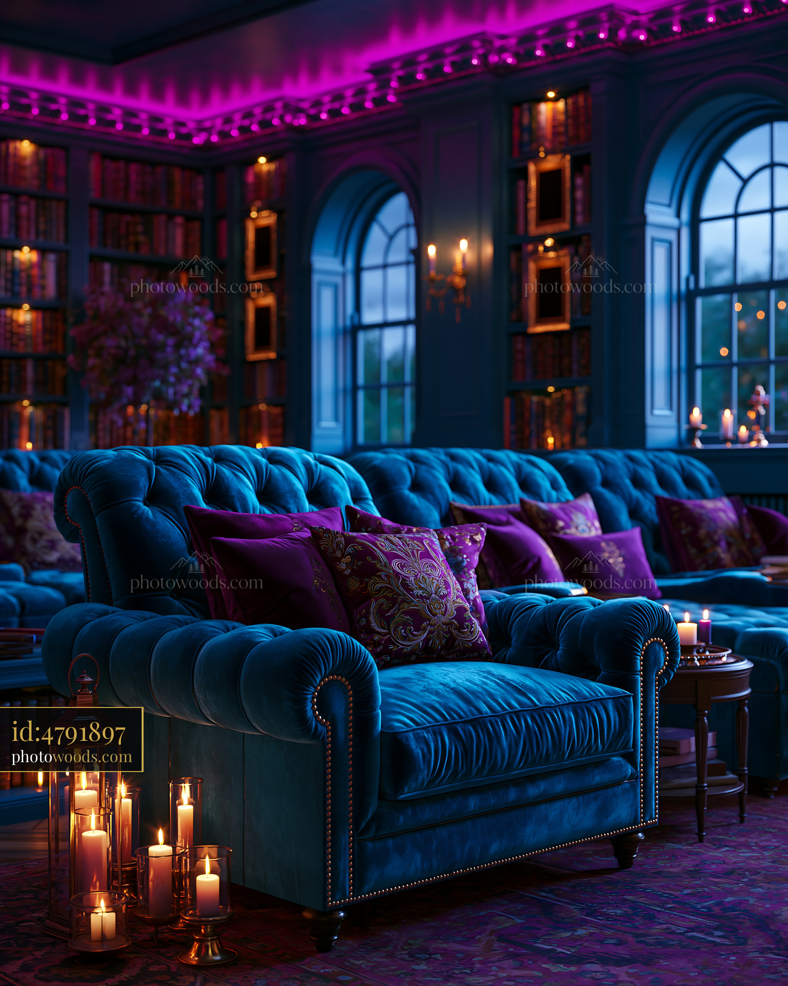 Dark Academia Basement Cinema With Velvet Seating and Warm Lights