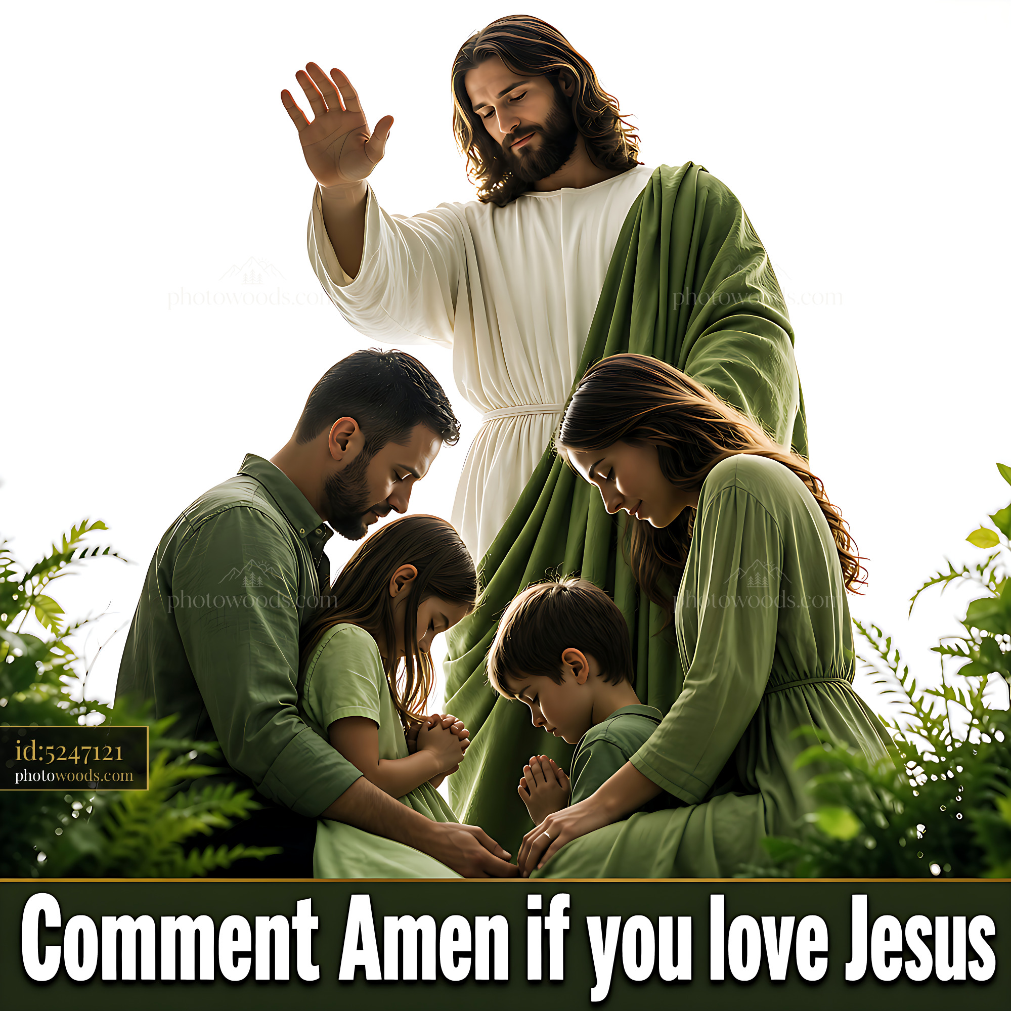 Jesus With Family in Prayer Outdoors Under Bright Light