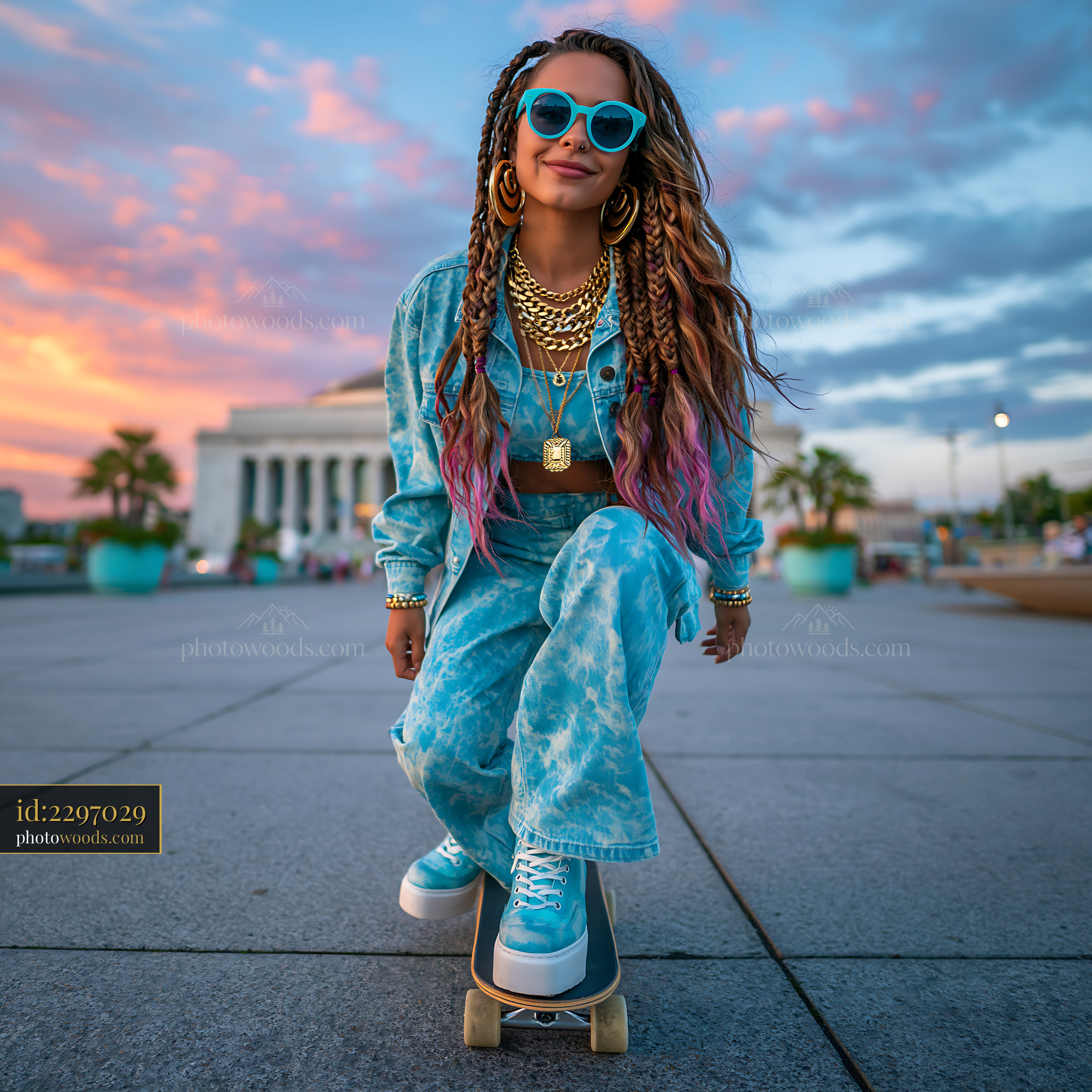 Model With Braided Hair on Skateboard in City Park at Sunset