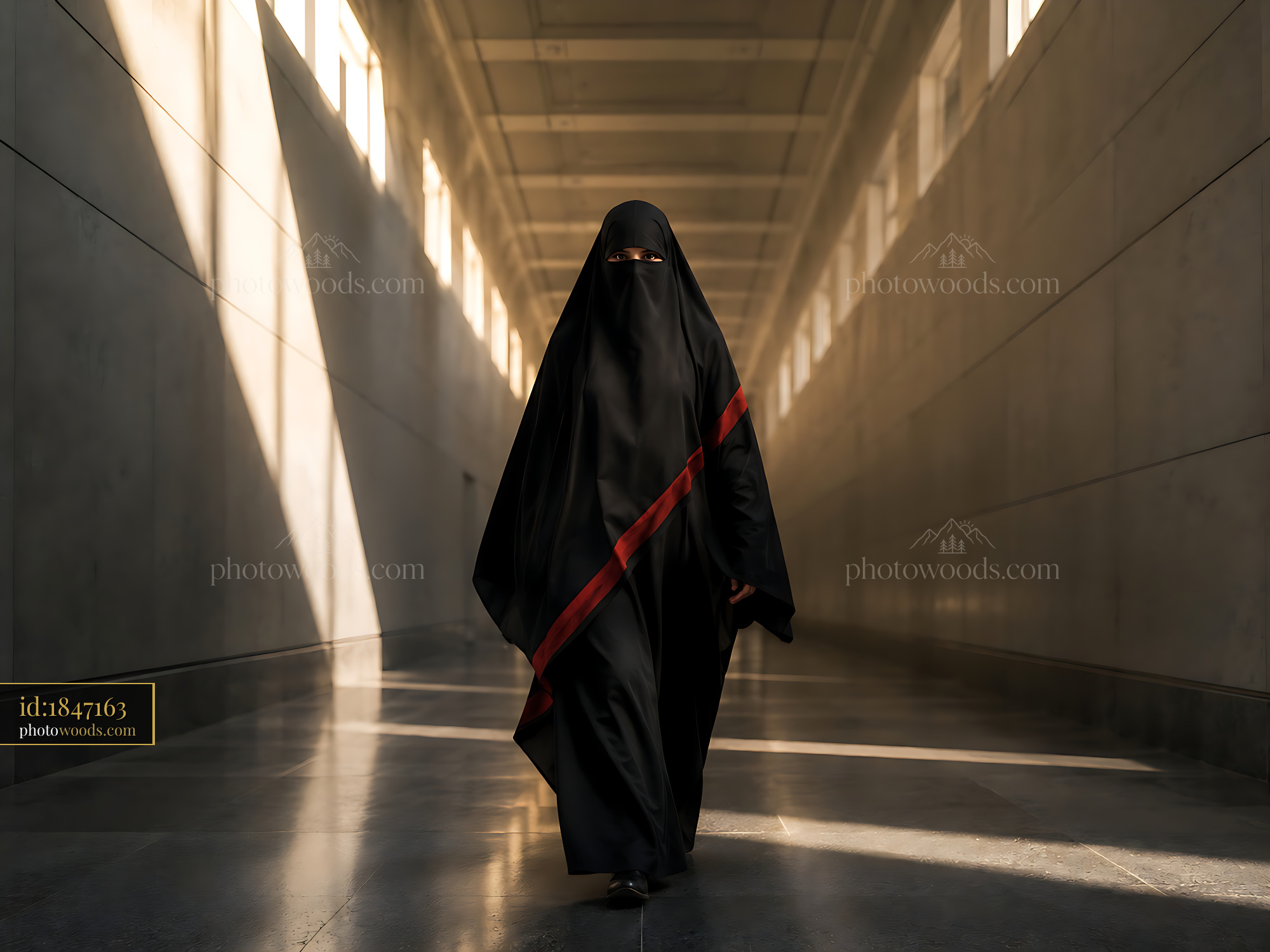Woman in Black Attire Walking Through a Modern Hallway With Light