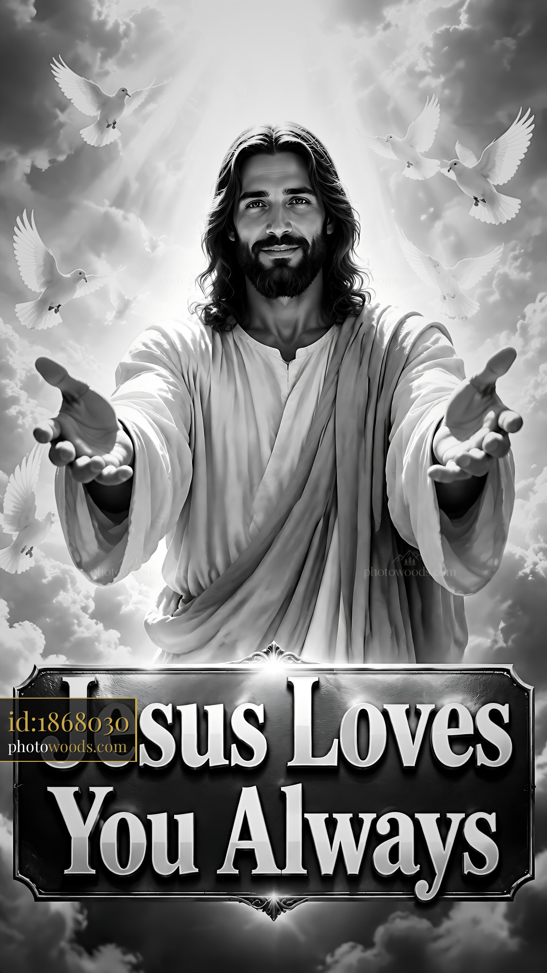Jesus Offers Open Arms With Doves Flying Around Him in Bright Clouds